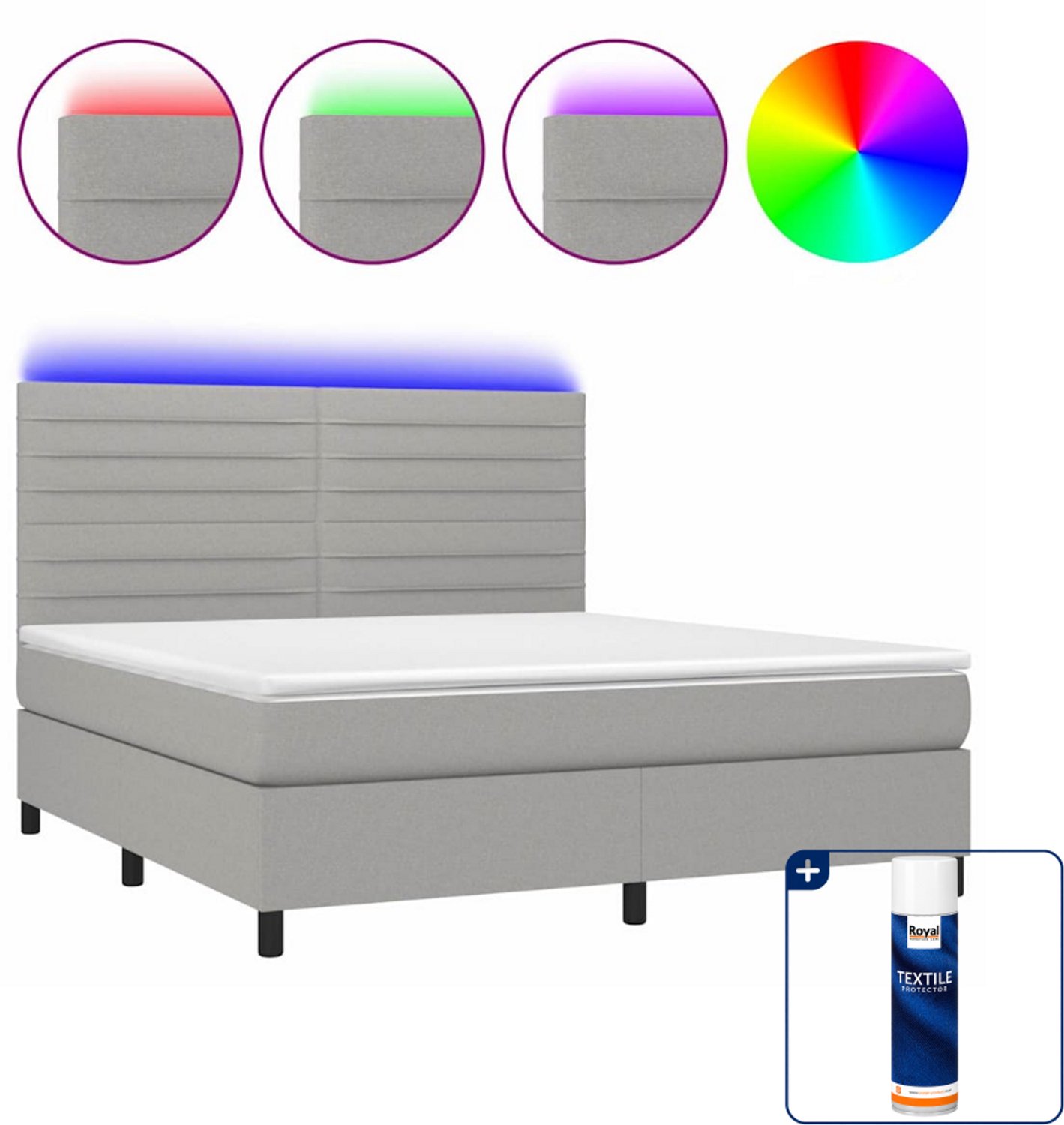 vidaXL Queensize boxspring met matras en LED - 160 x 200 cm - lichtgrijs - Inclusief textielbeschermer 500 ml