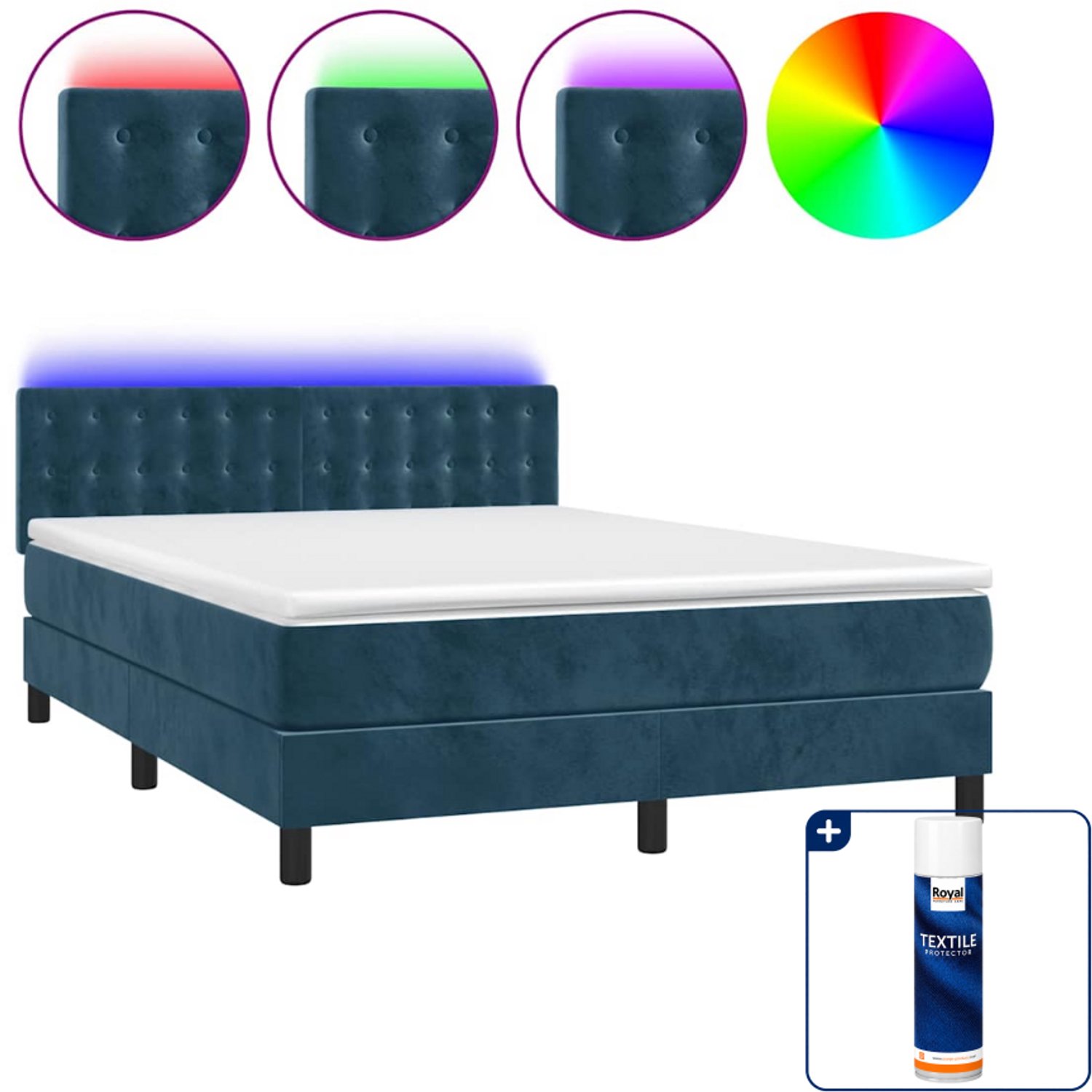 vidaXL boxspring met matras en LED - 140 x 190 cm - fluweel - donkerblauw - Inclusief textielbeschermer 500 ml