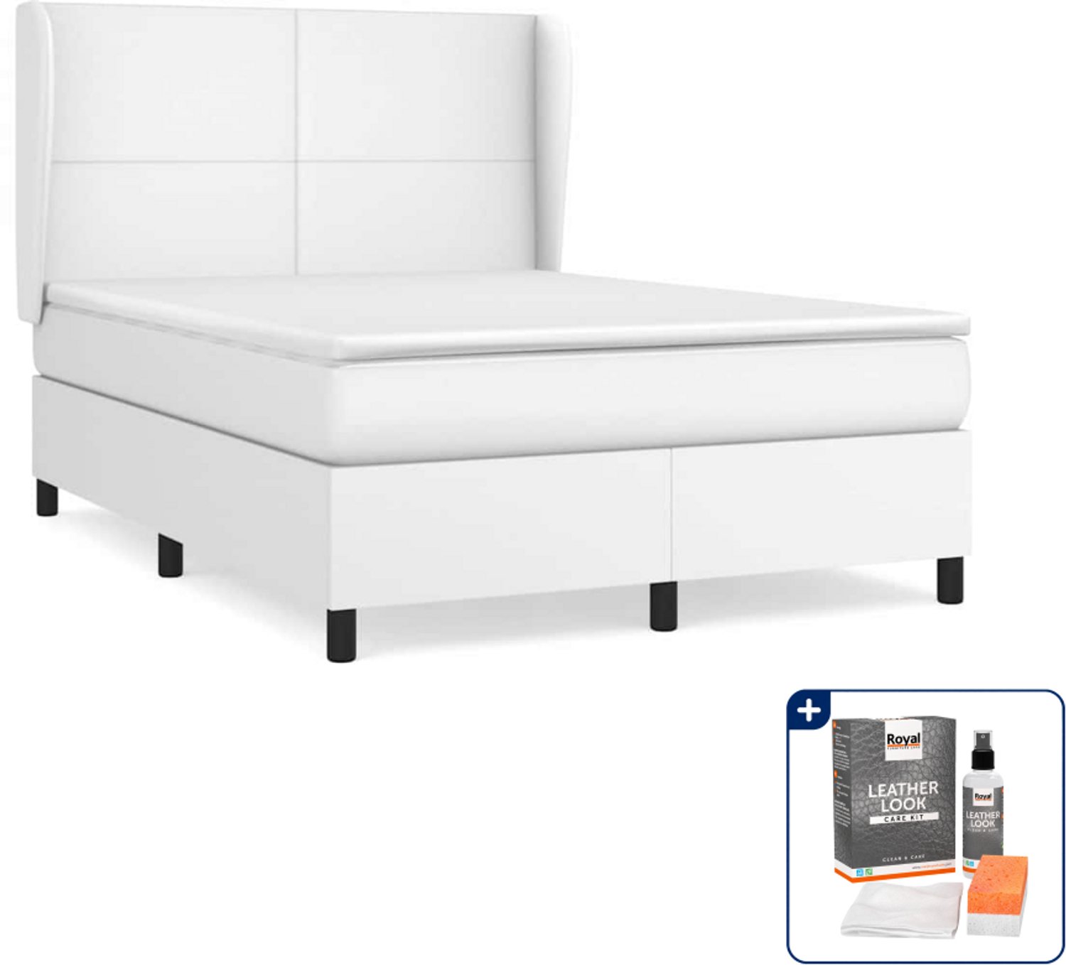 vidaXL boxspring met matras - Small double - 140 x 200 cm - wit - Inclusief onderhoudsset voor kunstleer 150 ml