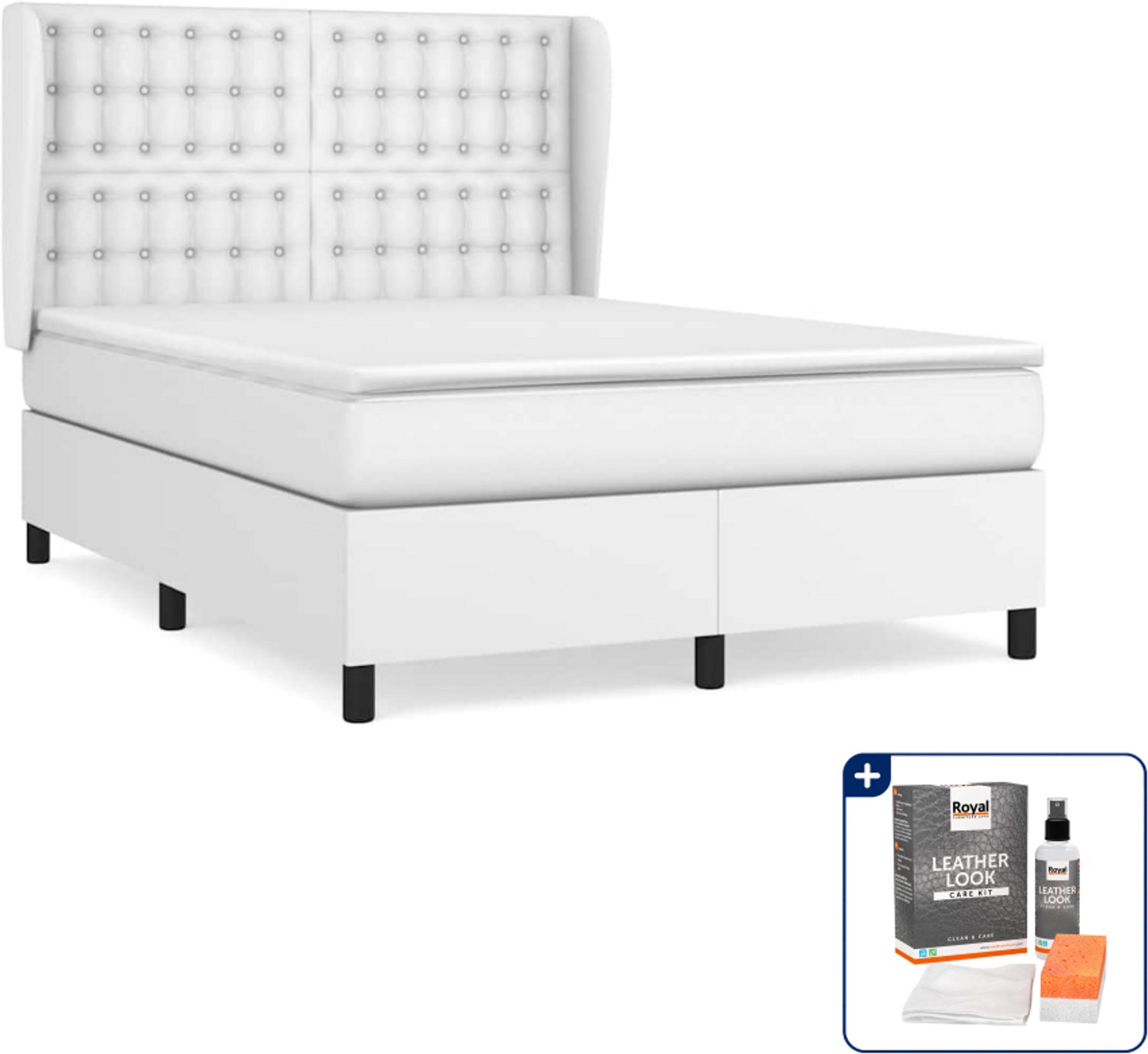 vidaXL boxspring met matras - Small double - 140 x 200 cm - wit - Inclusief onderhoudsset voor kunstleer 150 ml