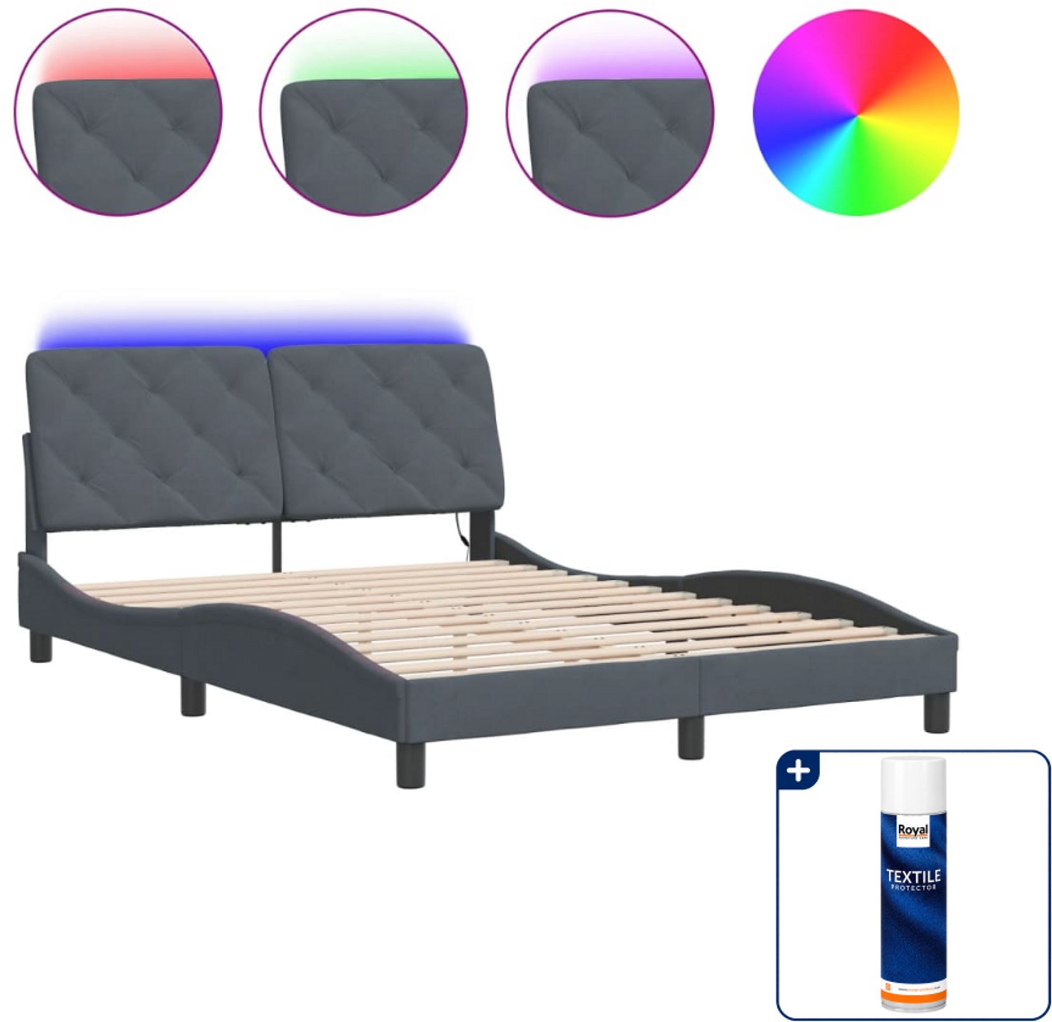 vidaXL bedframe met LED - 120 x 200 cm - fluweel - donkergrijs - Inclusief textielbeschermer 500 ml