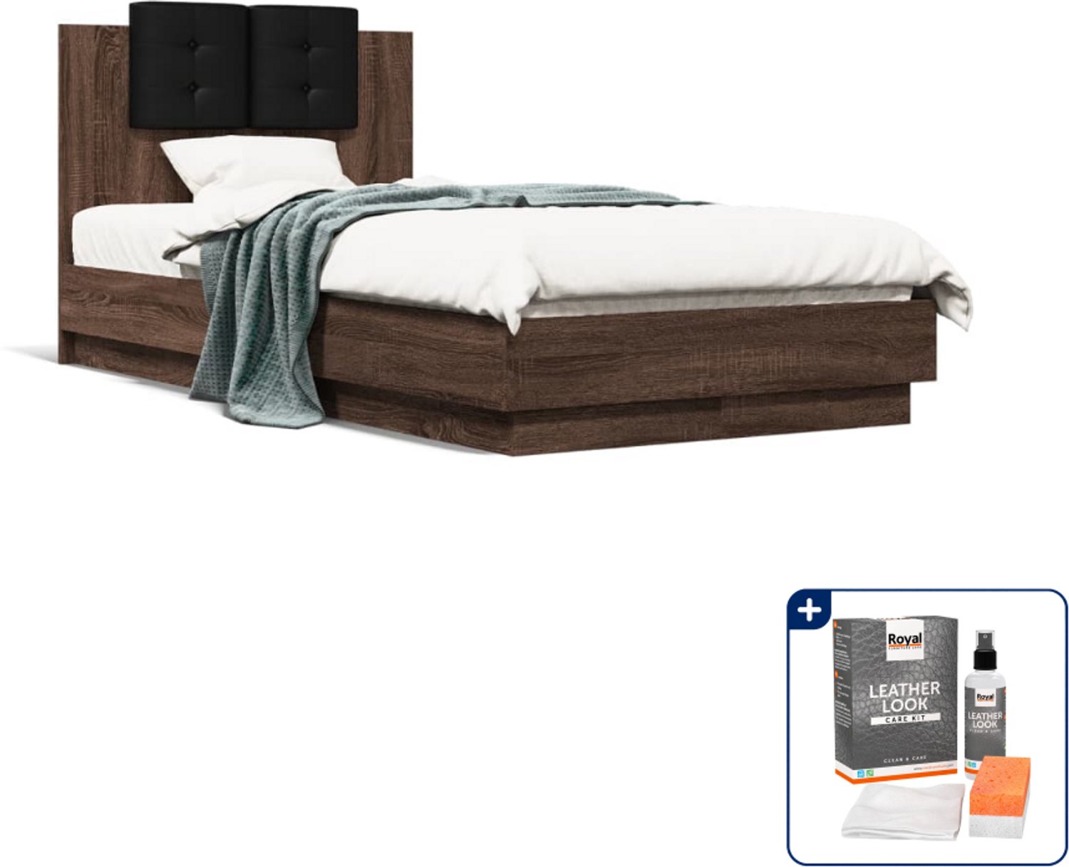 vidaXL Bedframe - 90 x 190 cm - bewerkt hout - bruineikenkleur - Inclusief onderhoudsset voor kunstleer 150 ml Wit