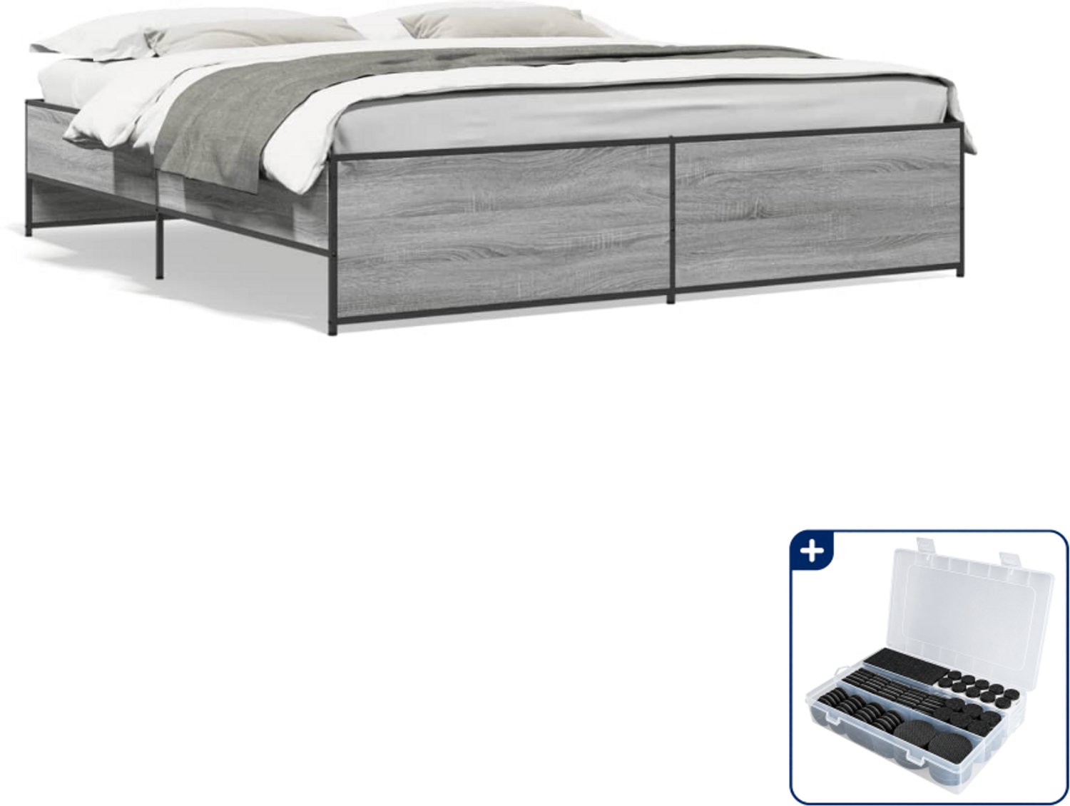 vidaXL Bedframe - 200 x 200 cm - bewerkt hout en staal - grijs - Inclusief antikrasvilt 177-delig