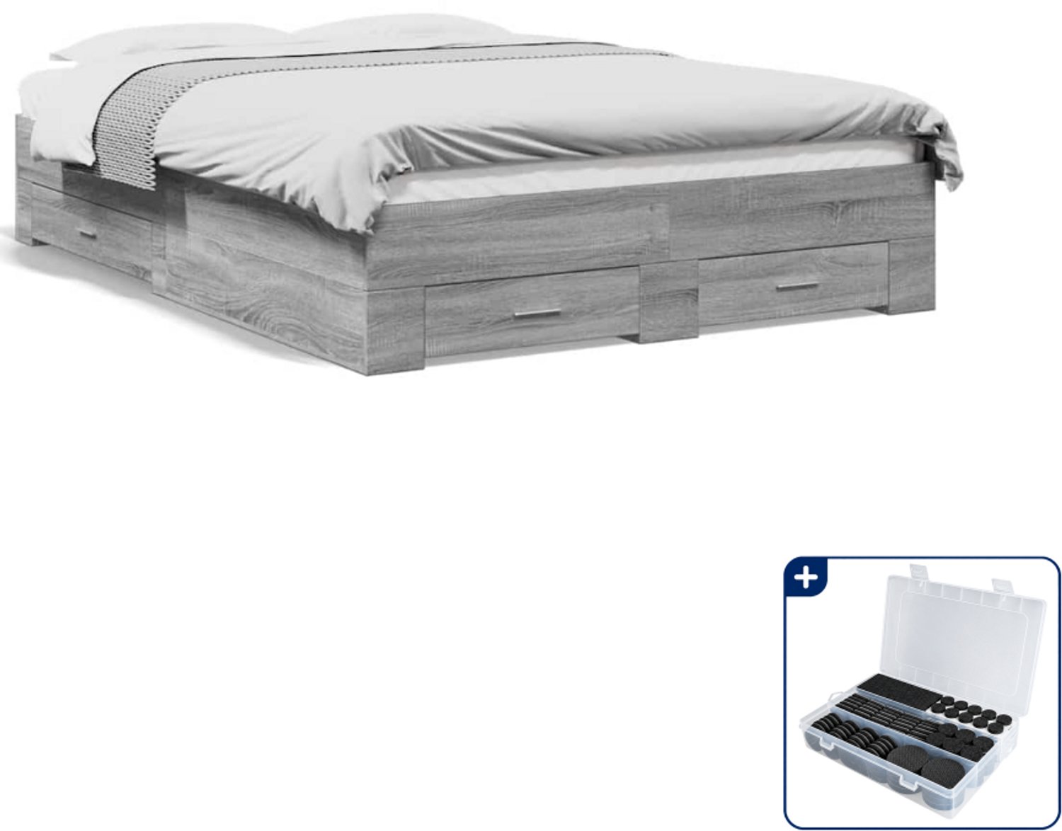 vidaXL bedframe met lades - 140 x 190 cm - bewerkt hout - grijs sonoma - Inclusief antikrasvilt 177-delig
