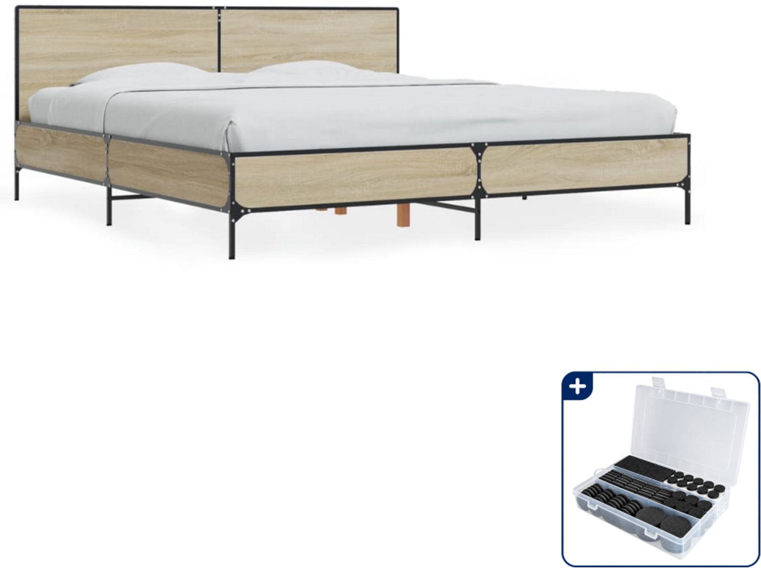 vidaXL Kingsize bedframe - 180 x 200 cm - sonoma eiken - Inclusief antikrasvilt 177-delig Zwart