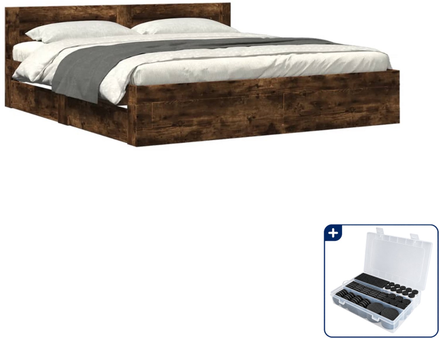 vidaXL Bedframe - Kingsize - 180 x 200 cm - bewerkt hout - gerookt eiken - Inclusief antikrasvilt 177-delig Wit