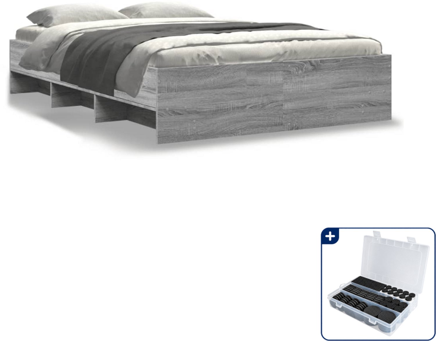 vidaXL bedframe - 135 x 190 cm - bewerkt hout - grijs sonoma eiken - Inclusief antikrasvilt 177-delig Bruin
