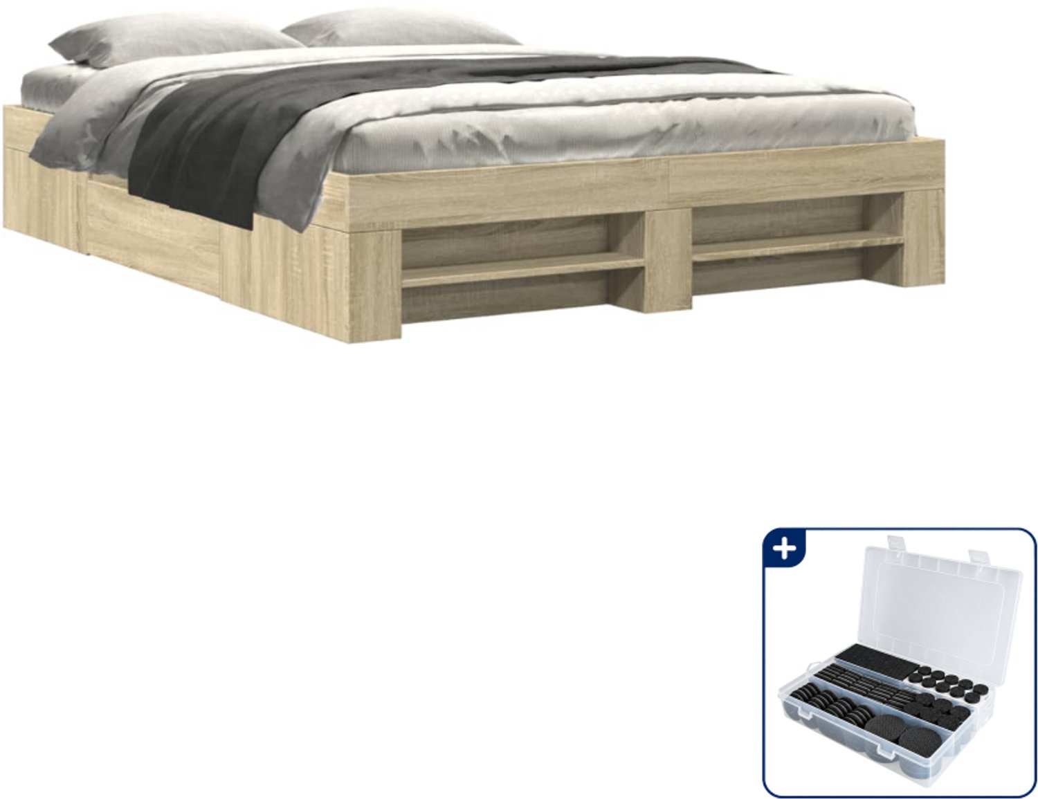 vidaXL bedframe Queensize - 160 x 200 cm - sonoma eiken - Inclusief antikrasvilt 177-delig Bruin