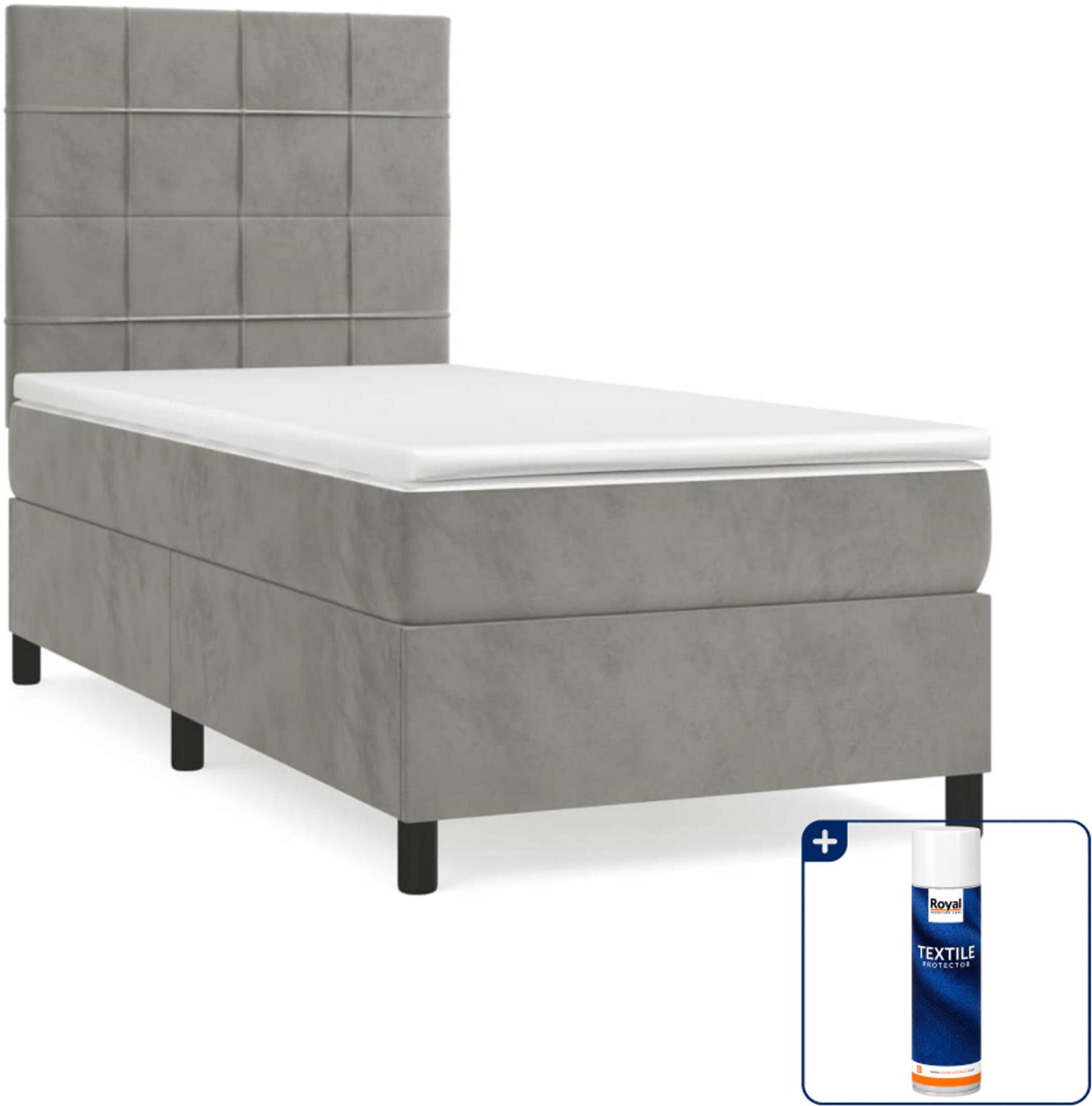 vidaXL boxspring met matras - 90 x 200 cm - fluweel - lichtgrijs - Inclusief textielbeschermer 500 ml