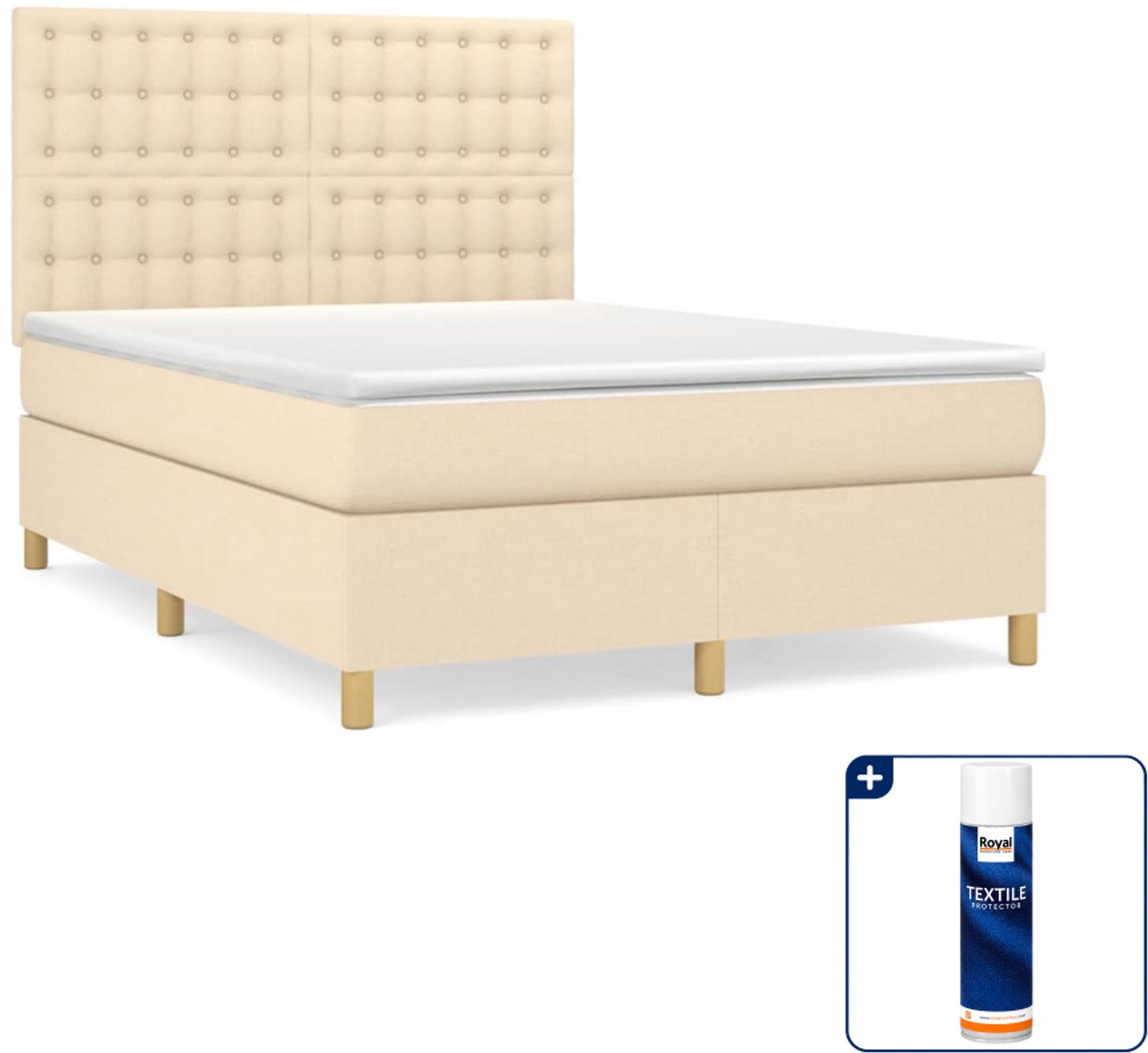 vidaXL boxspring - 140 x 190 cm - stof - crème - Inclusief textielbeschermer 500 ml