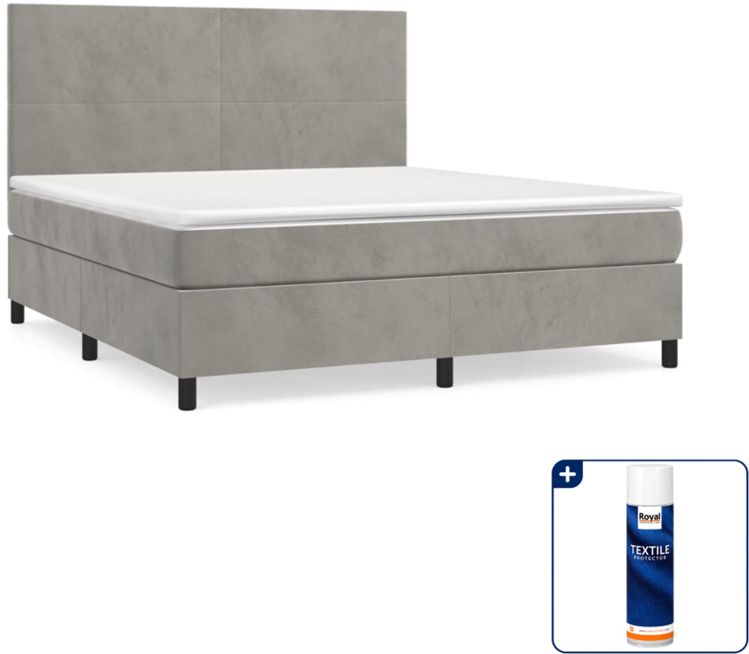vidaXL Kingsize boxspring met matras - fluweel - lichtgrijs - Inclusief textielbeschermer 500 ml