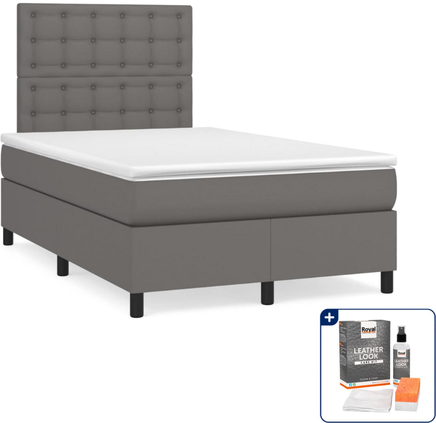 vidaXL boxspring met matras - 120 x 200 cm - kunstleer - grijs - Inclusief onderhoudsset voor kunstleer 150 ml