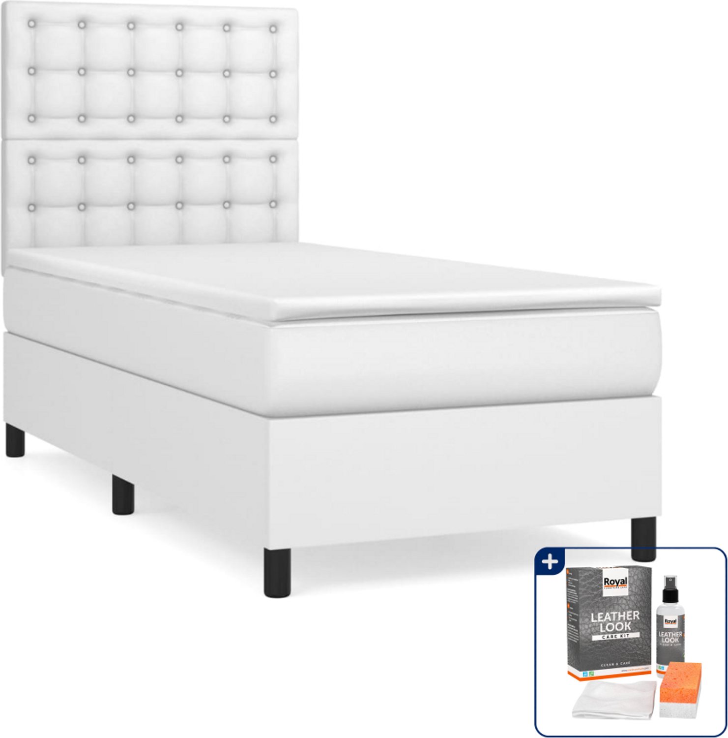 vidaXL boxspring met matras 90 x 190 cm - kunstleer - wit - Inclusief onderhoudsset voor kunstleer 150 ml