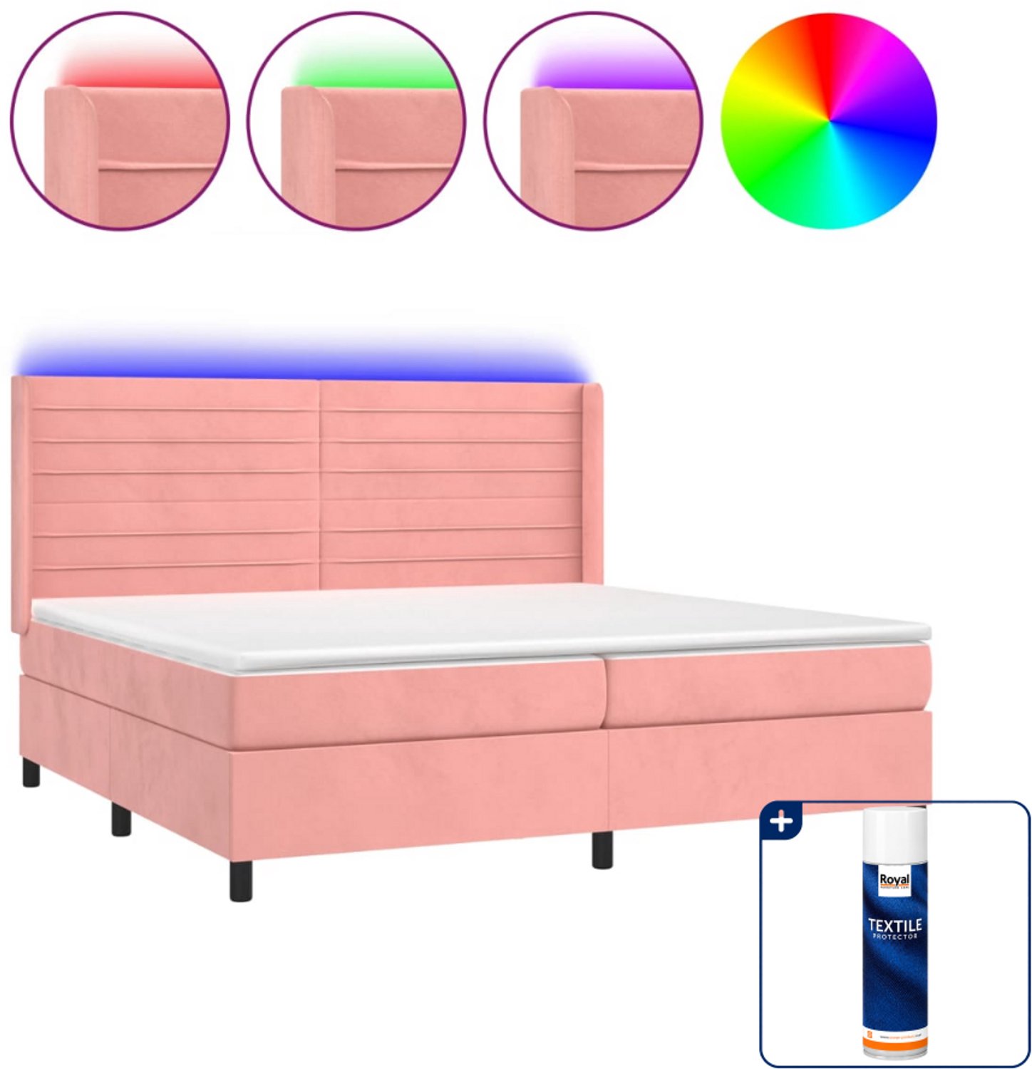 vidaXL boxspring met matras en LED - 200 x 200 cm - fluweel - roze - Inclusief textielbeschermer 500 ml