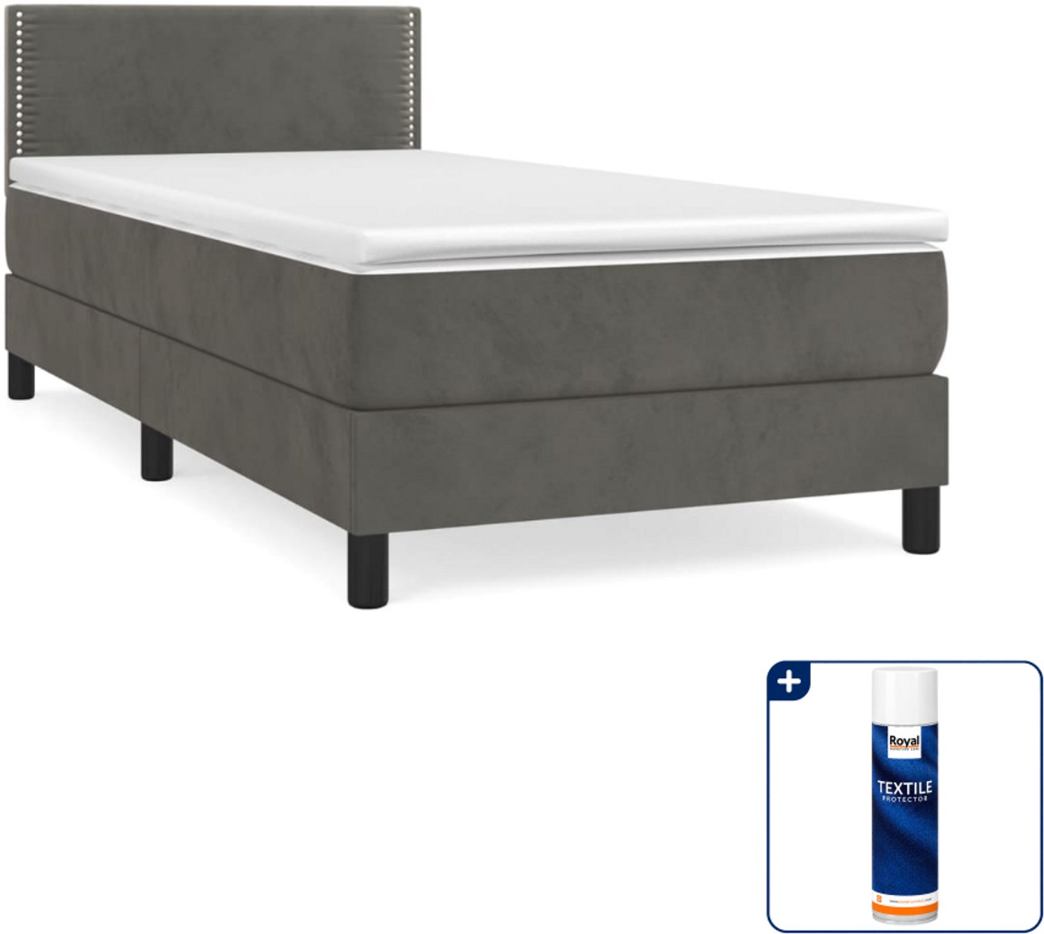vidaXL boxspring met matras - 100 x 200 cm - fluweel - donkergrijs - Inclusief textielbeschermer 500 ml