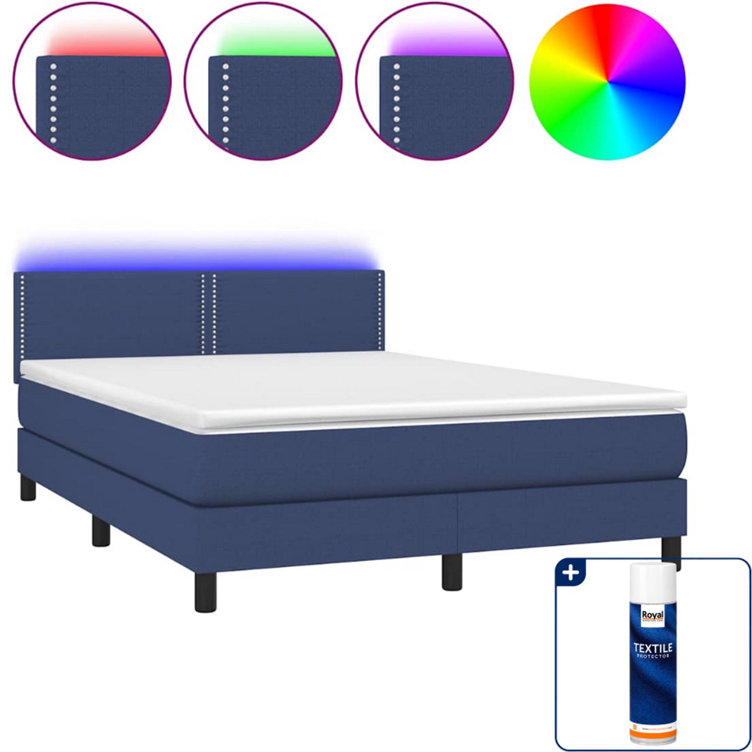 vidaXL boxspring met matras en LED - 140 x 190 cm - blauw - Inclusief textielbeschermer 500 ml