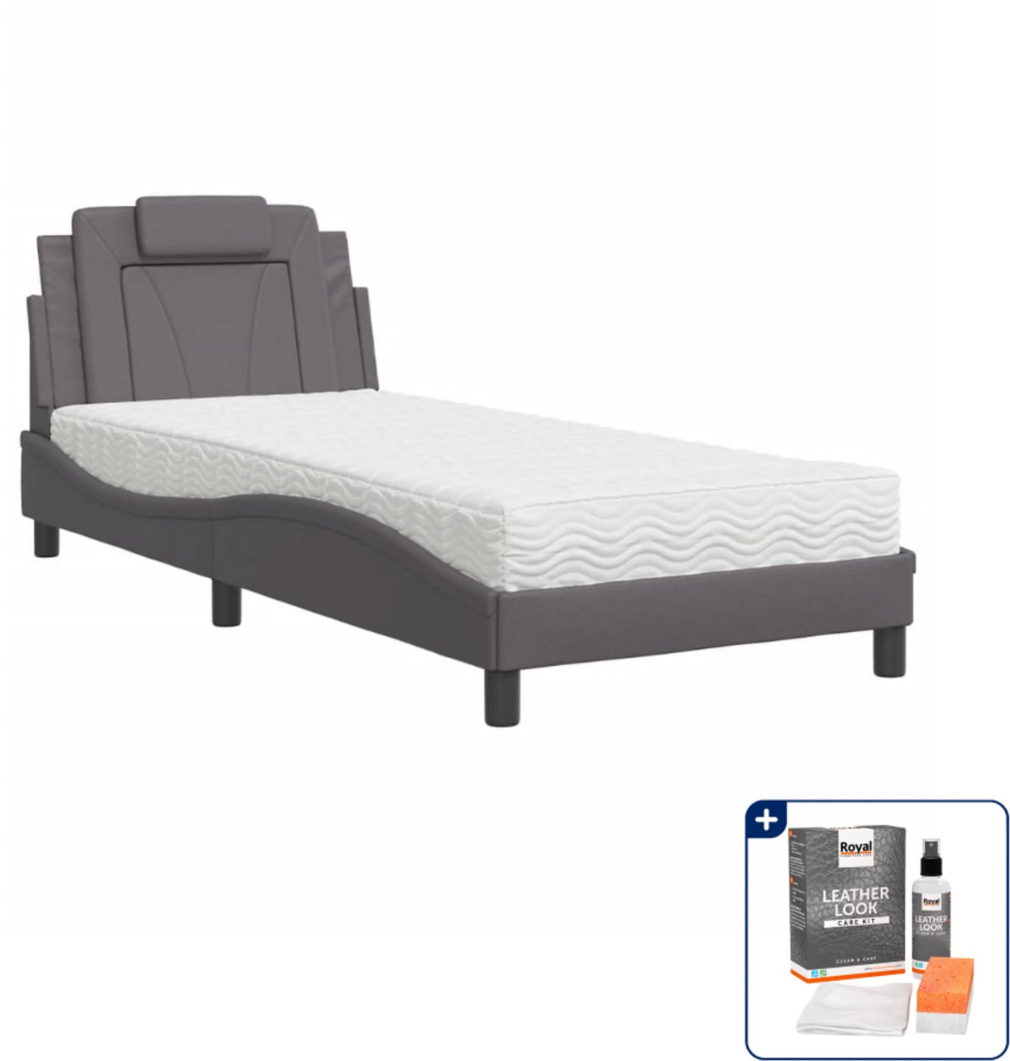 vidaXL Viana bed met matras - 90 x 200 cm - kunstleer - grijs - Inclusief onderhoudsset voor kunstleer 150 ml Bruin