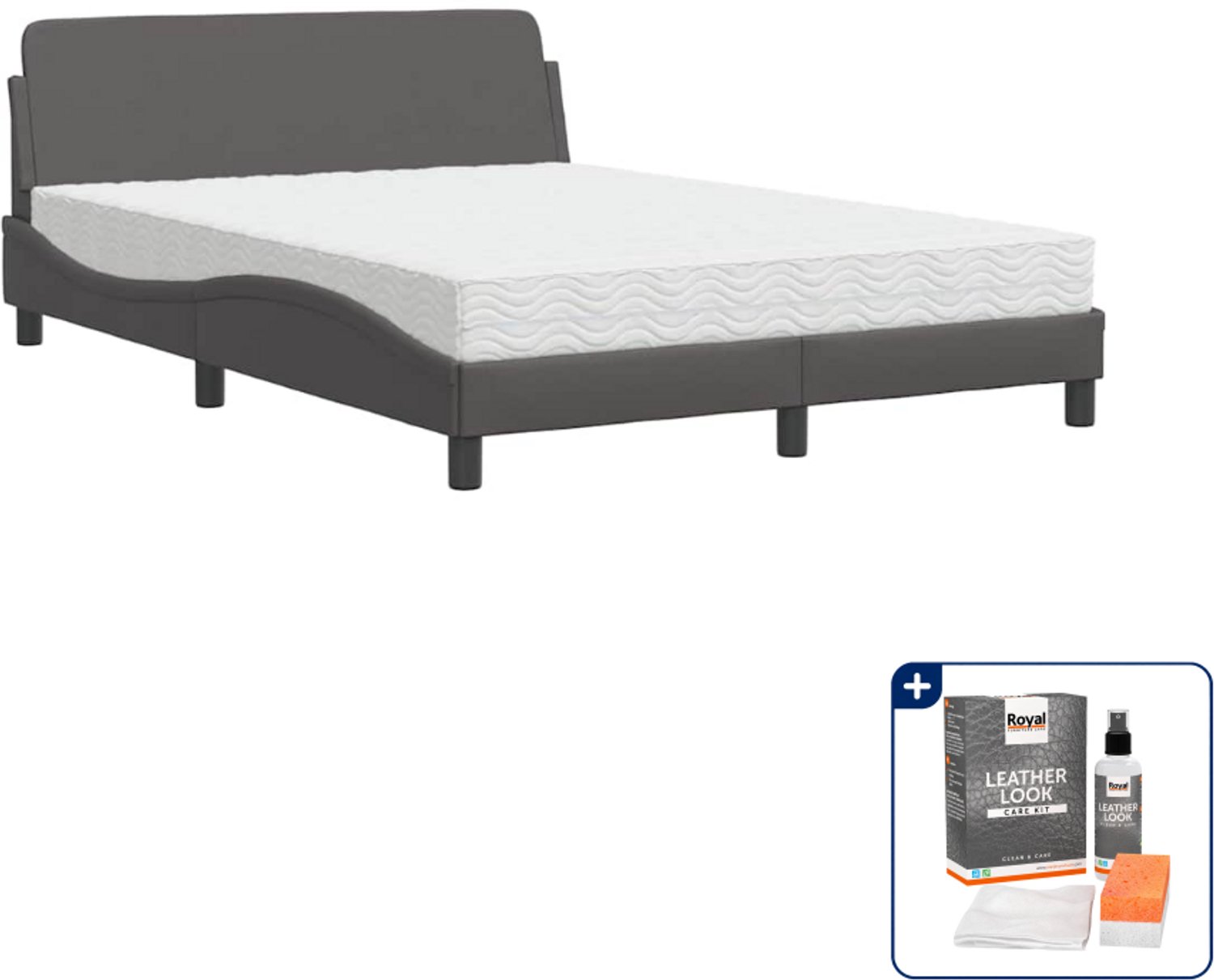 vidaXL Dover bed met matras - 140 x 190 cm - kunstleer - grijs - Inclusief onderhoudsset voor kunstleer 150 ml Wit
