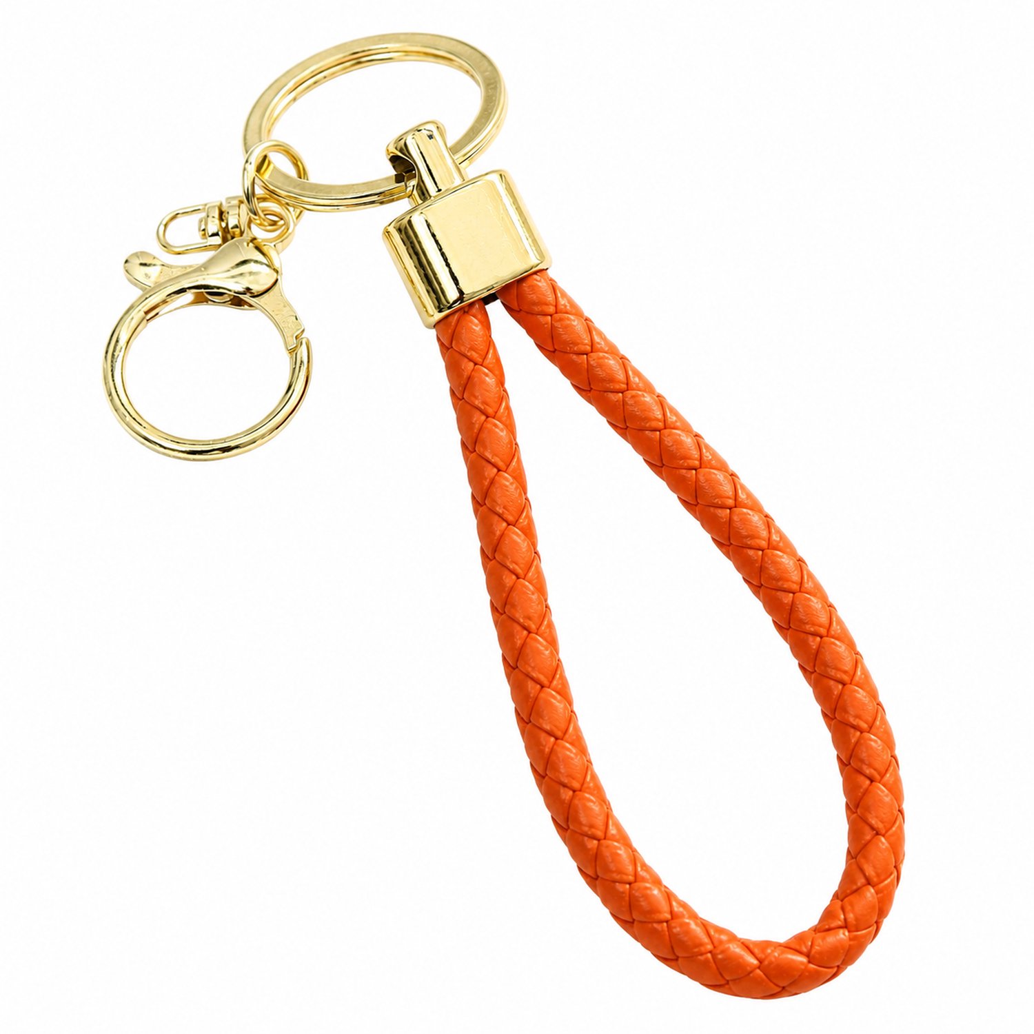 Sleutelhanger met oranje gevlochten PU-lus, sleutelring en goudkleurige haaksluiting