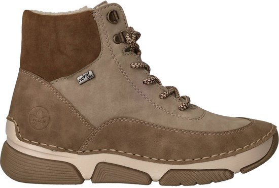 Beige Rieker Tex enkellaars met veters, bruine accenten, voering en een sportieve zool.