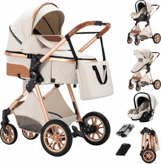Witte Lunola 3-in-1 kinderwagen met roségouden frame, bruine lederen details en bijpassende luiertas en autostoeltje.
