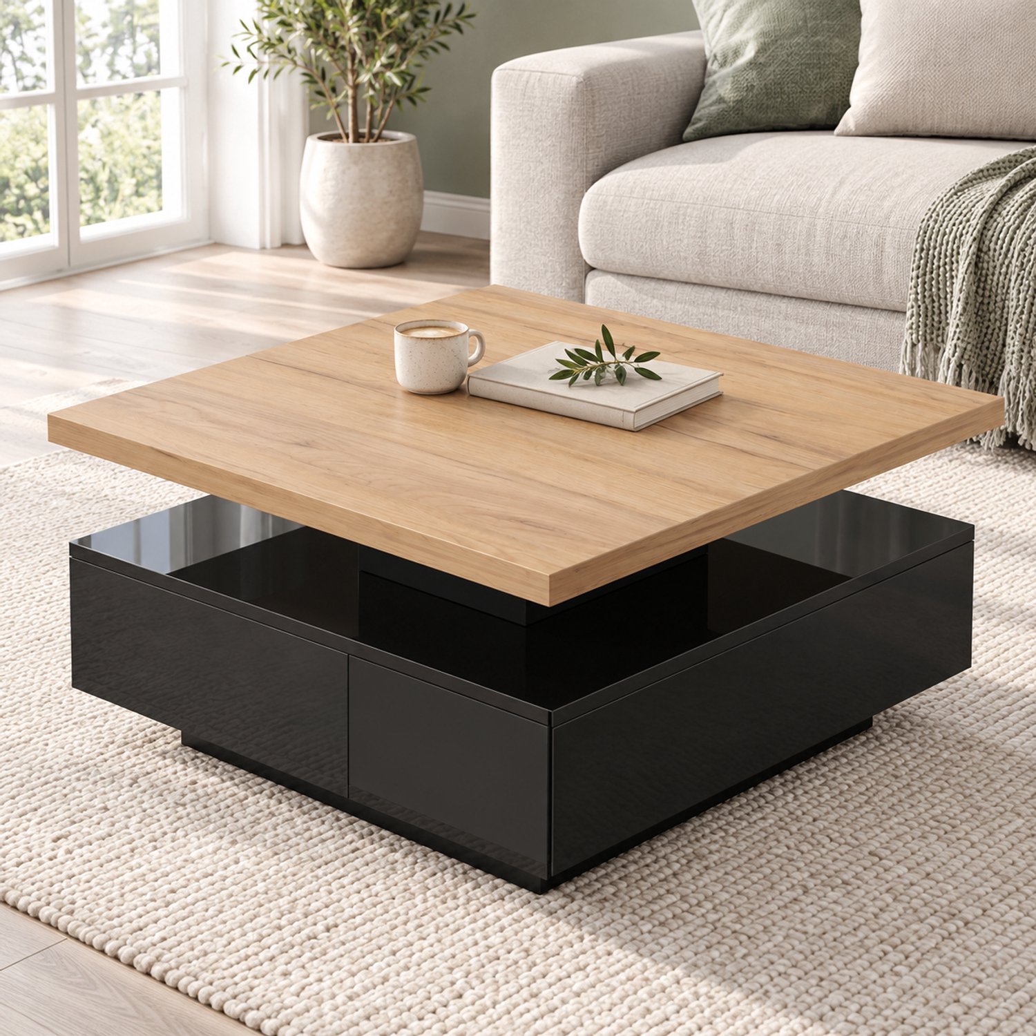 CHICFURN Salontafel 70 cm - draaibaar - met lade - zwart en walnoot