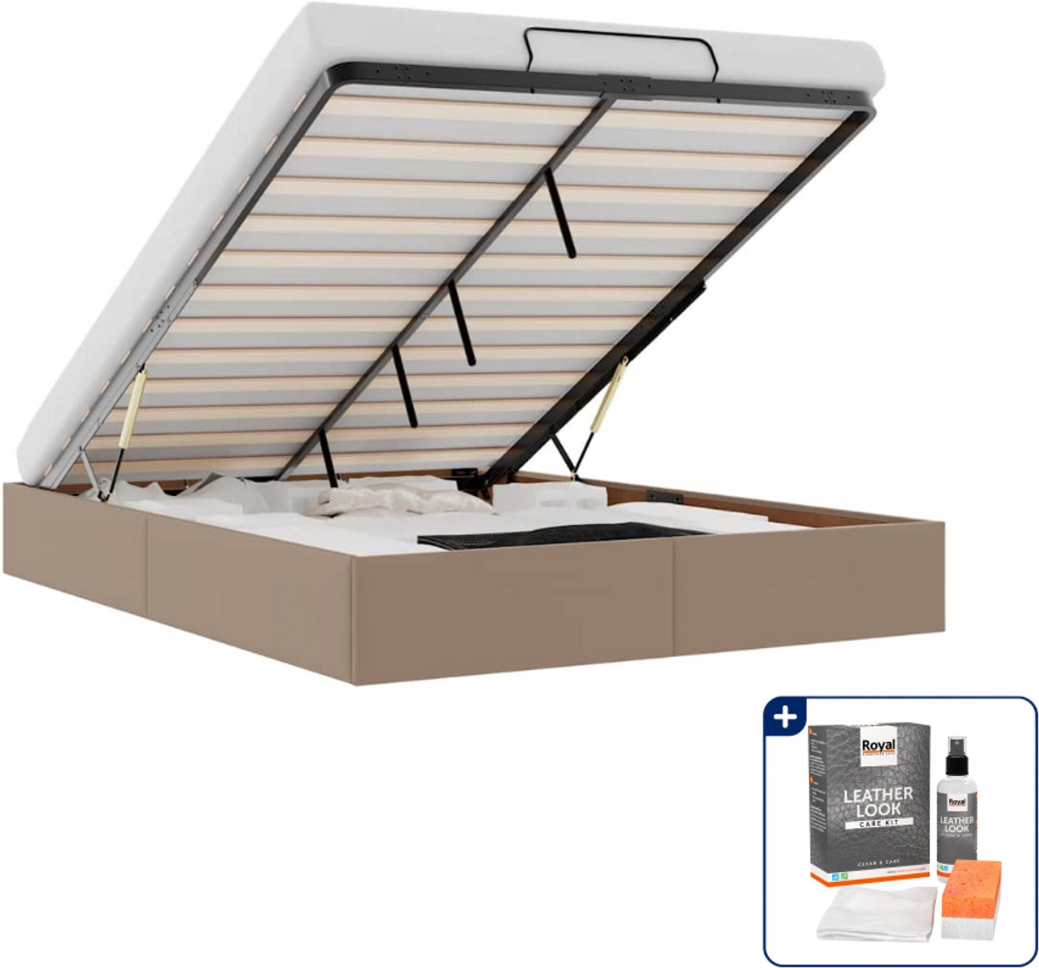 vidaXL Bedframe - 140 x 190 cm - kunstleer - cappuccino - Inclusief onderhoudsset voor kunstleer 150 ml Zwart