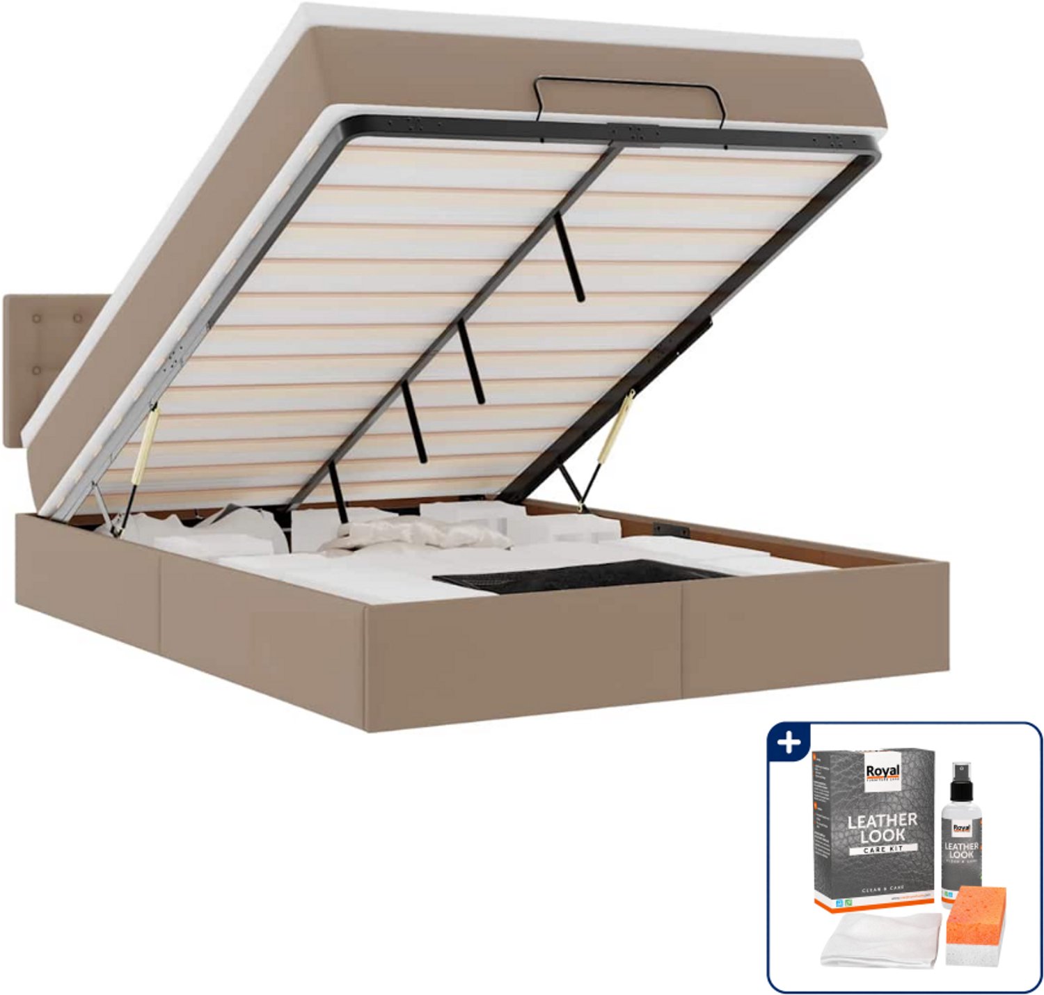 vidaXL Ottoman bed met matras - 140 x 190 cm - kunstleer - cappuccino - Inclusief onderhoudsset voor kunstleer 150 ml