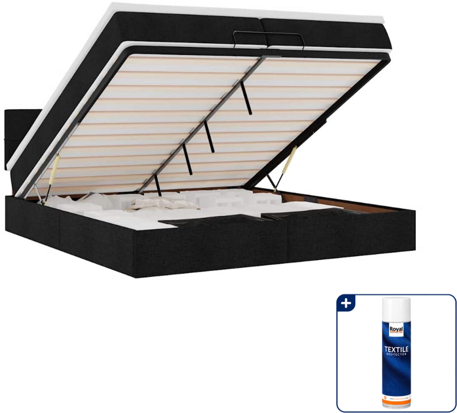 vidaXL Ottoman bed Super kingsize - 200 x 200 cm - stof - zwart - Inclusief textielbeschermer 500 ml