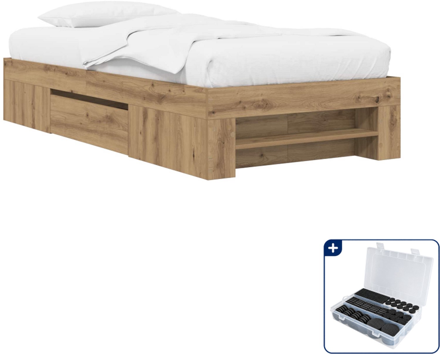 vidaXL bedframe met opbergruimte - 80 x 200 cm - bewerkt hout - artisanaal eiken - Inclusief antikrasvilt 177-delig Bruin