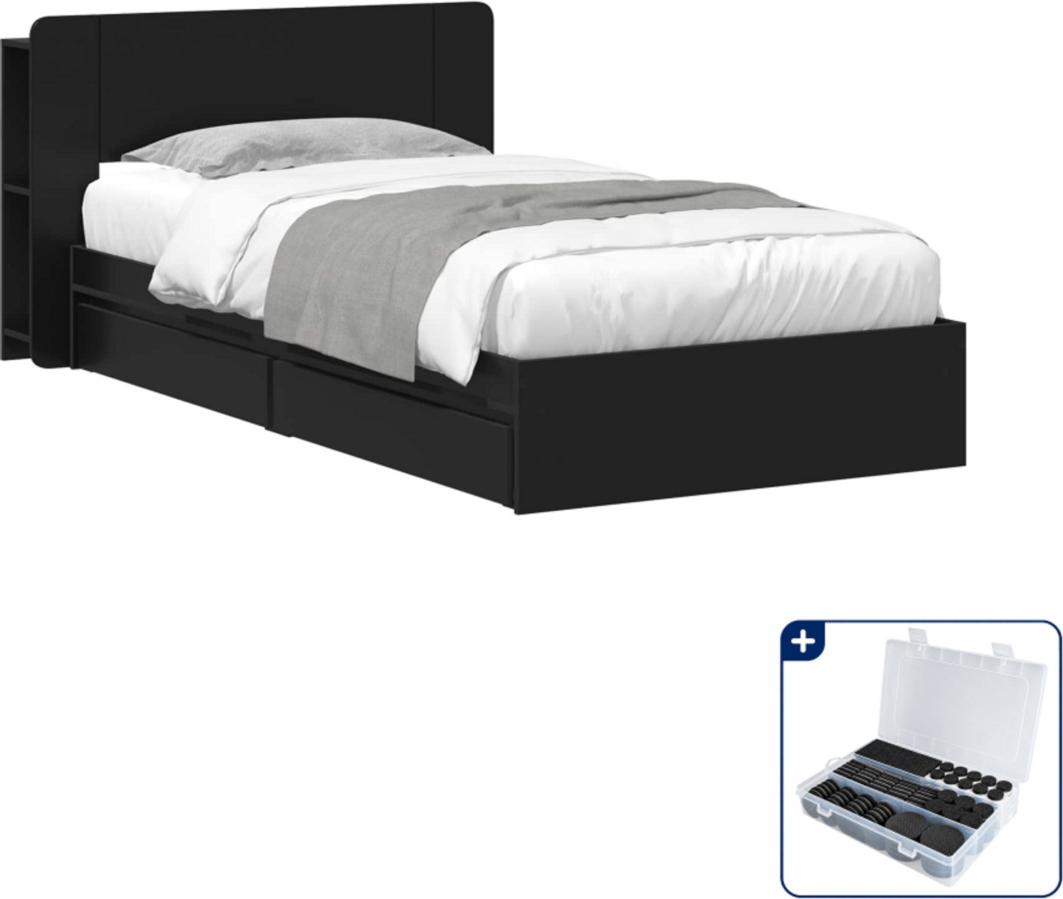 vidaXL Bedframe - 90 x 190 cm - bewerkt hout - zwart - Inclusief antikrasvilt 177-delig