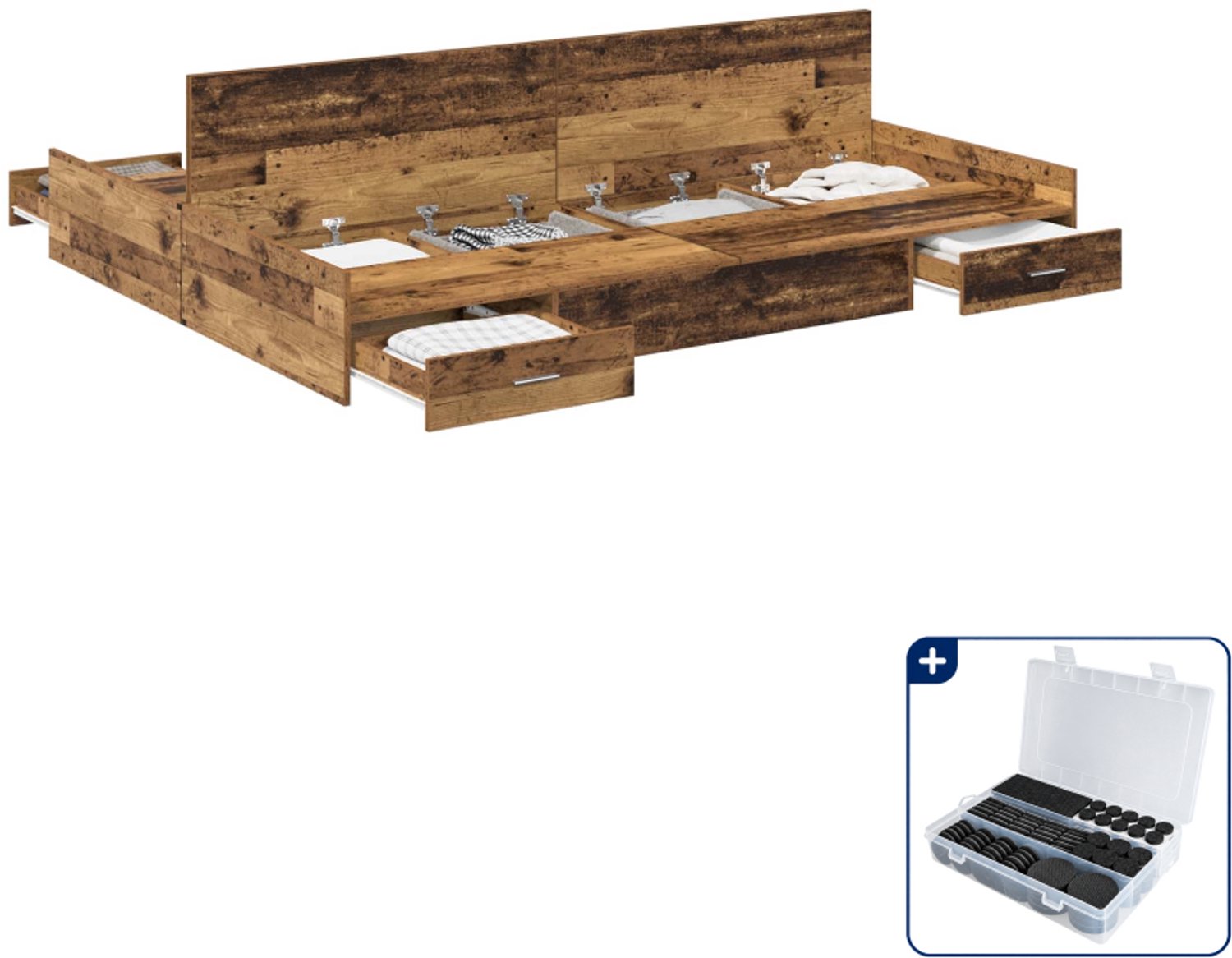 vidaXL opbergbedframe - 140 x 190 cm - oud hout - Inclusief antikrasvilt 177-delig Bruin