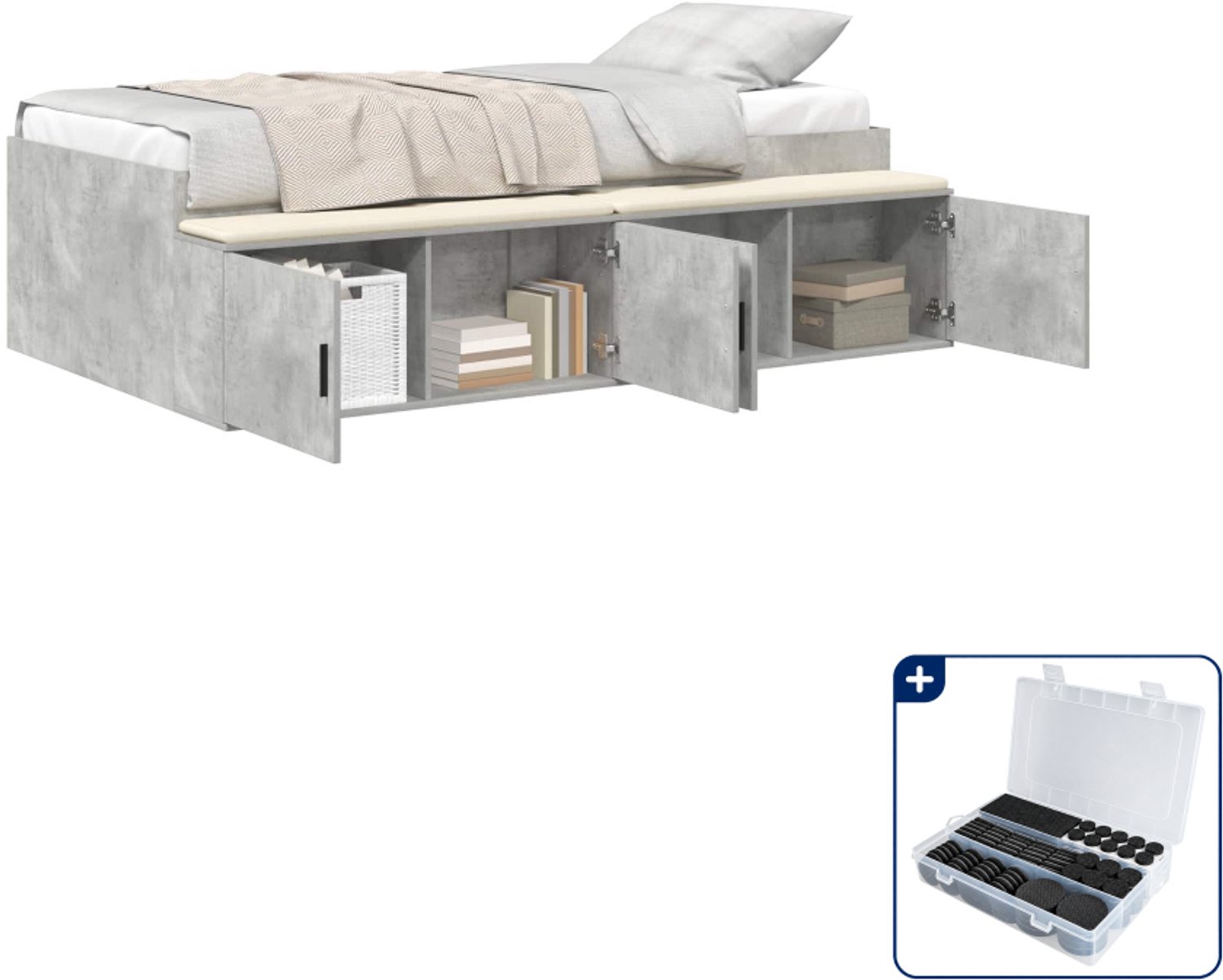 vidaXL bedframe met lade - 100 x 200 cm - bewerkt hout - beton grijs - Inclusief antikrasvilt 177-delig