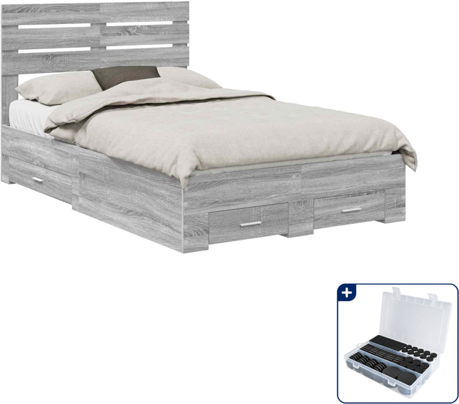 vidaXL bedframe met lade - 120 x 200 cm - bewerkt hout - grijs sonoma - Inclusief antikrasvilt 177-delig Bruin