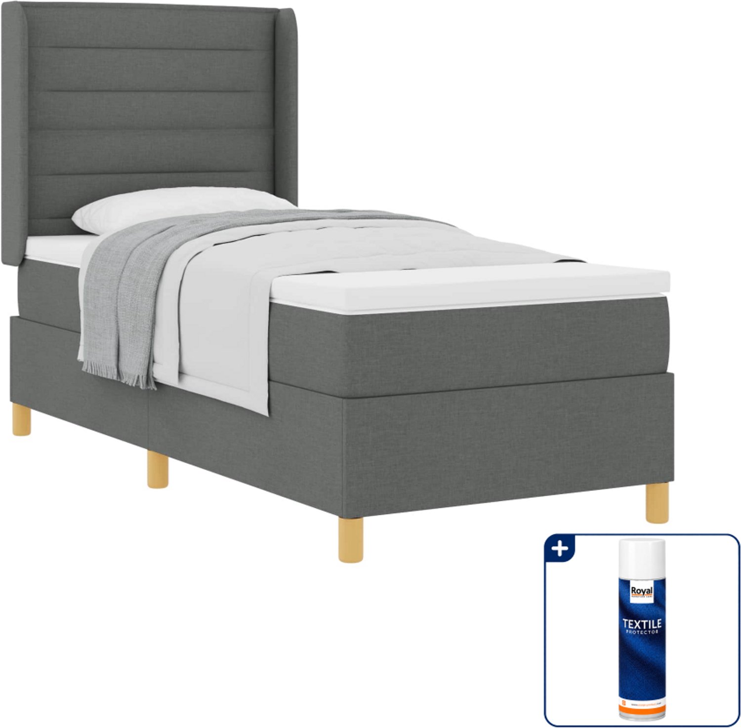 vidaXL boxspringbed met matras - 90 x 200 cm - stof - donkergrijs - Inclusief textielbeschermer 500 ml