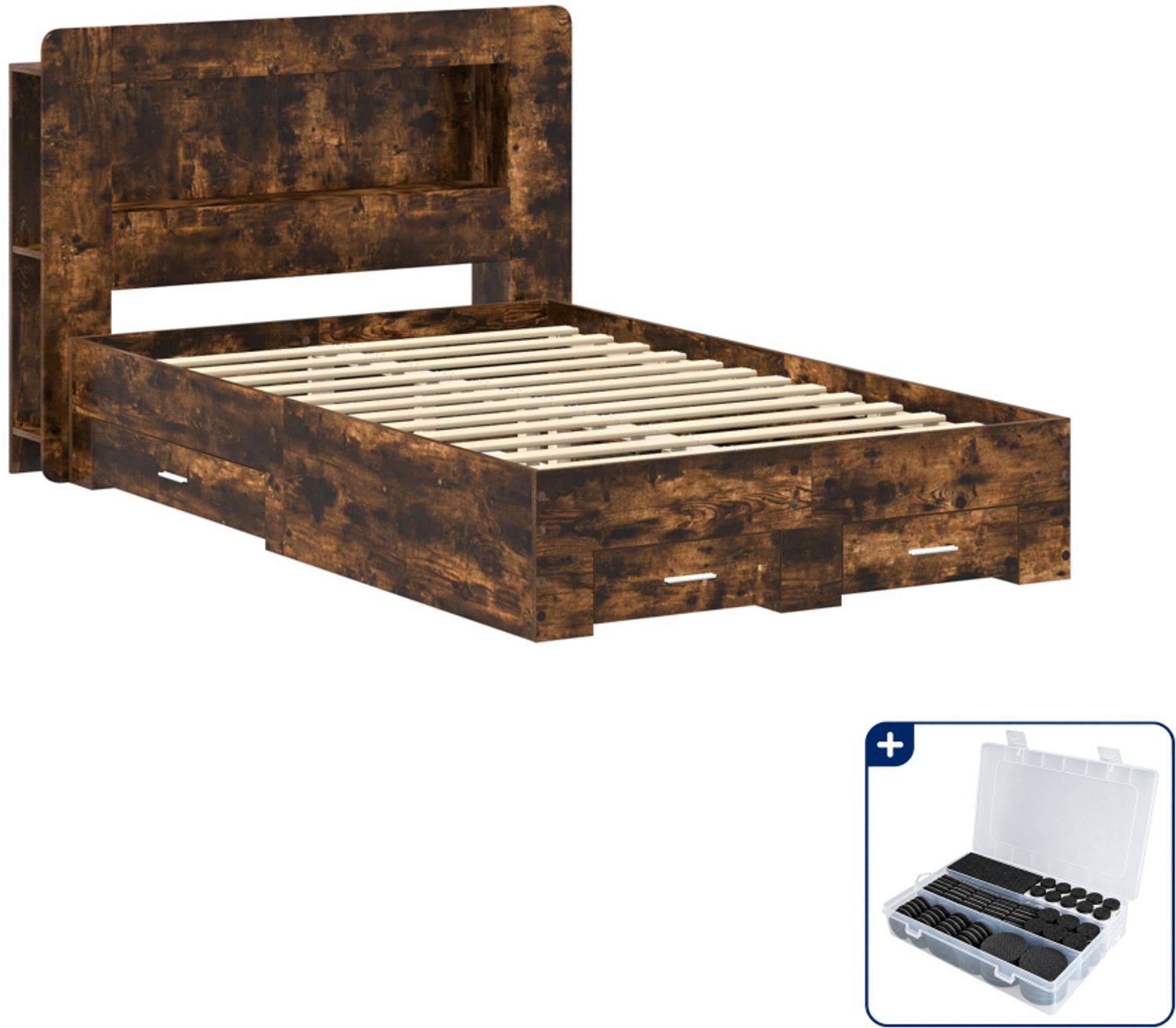 vidaXL bedframe met opslag - 120 x 190 cm - bewerkt hout - gerookt eiken - Inclusief antikrasvilt 177-delig Bruin