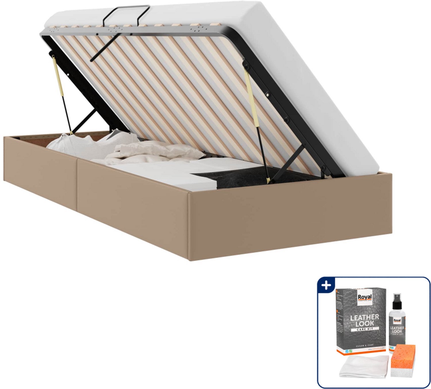 vidaXL ottoman bedframe - 90 x 200 cm - kunstleer - cappuccino - Inclusief onderhoudsset voor kunstleer 150 ml Bruin