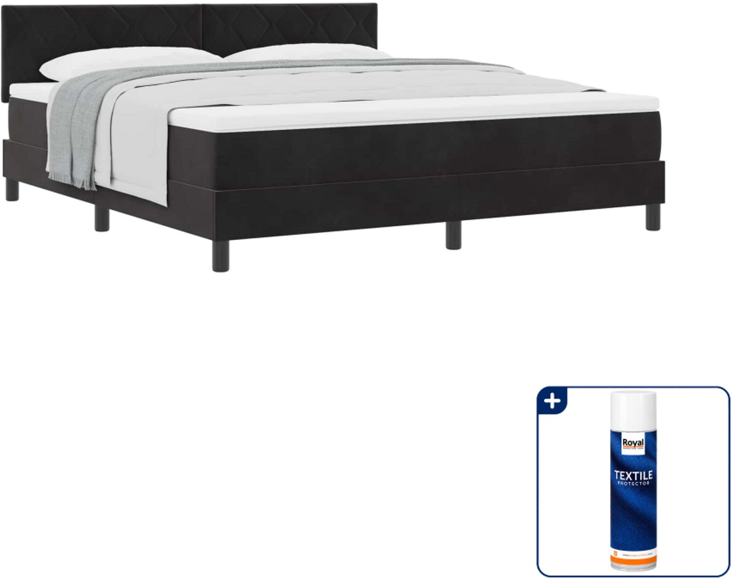 vidaXL Kingsize boxspringbed 180 x 200 cm - fluweel - zwart - Inclusief textielbeschermer 500 ml