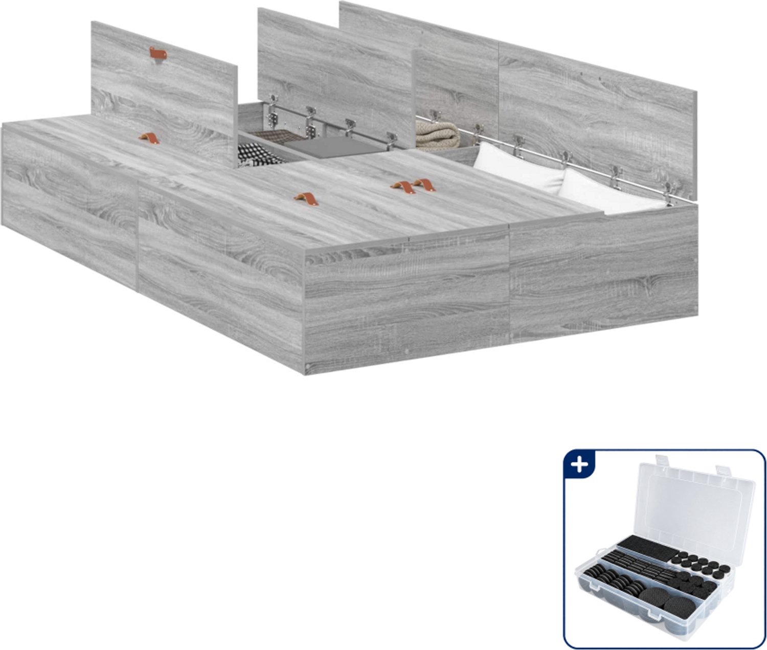 vidaXL opbergbedframe - 120 x 190 cm - grijs sonoma - Inclusief antikrasvilt 177-delig