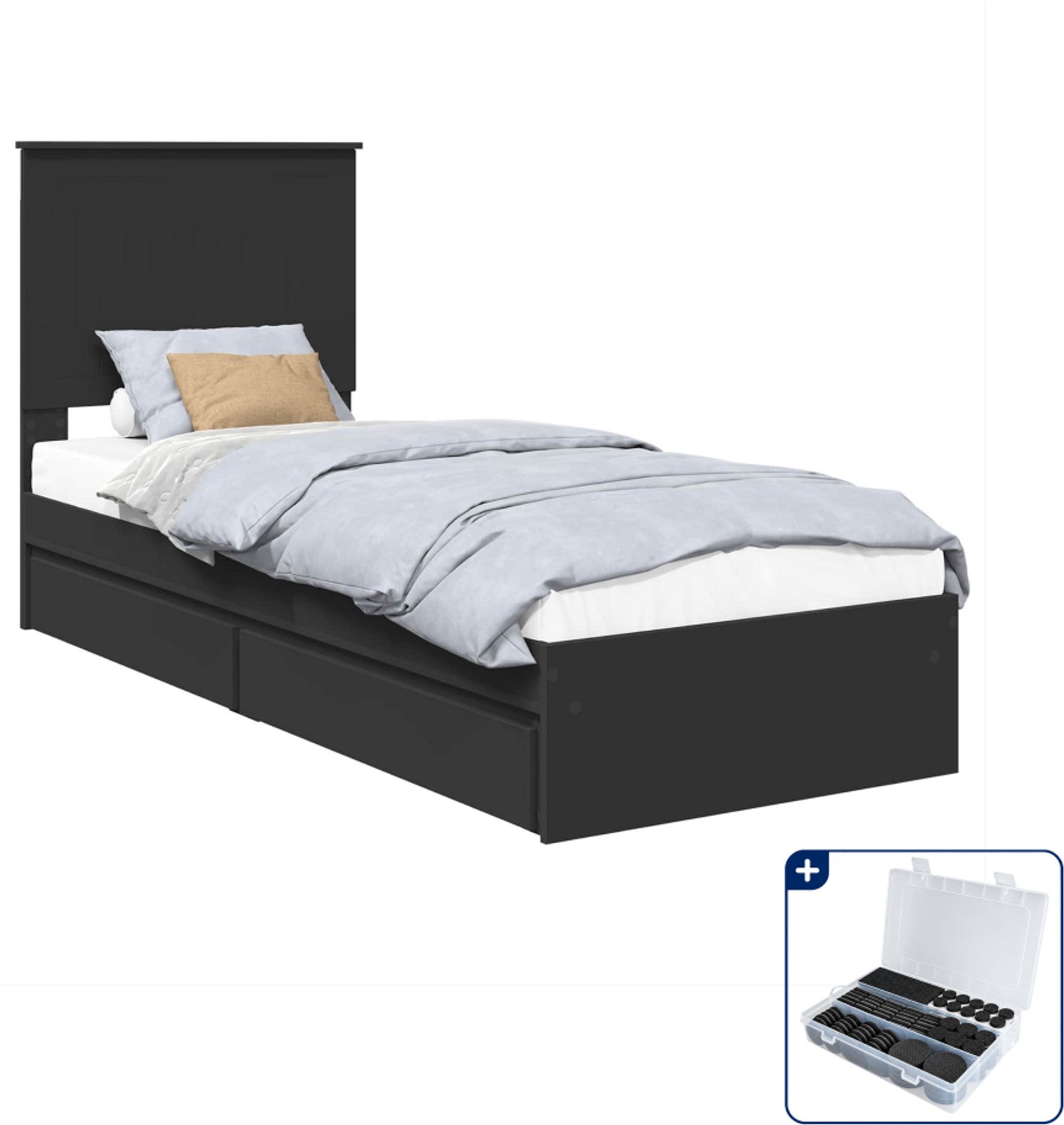 vidaXL bedframe - 75 x 190 cm - bewerkt hout - zwart - Inclusief antikrasvilt 177-delig Grijs