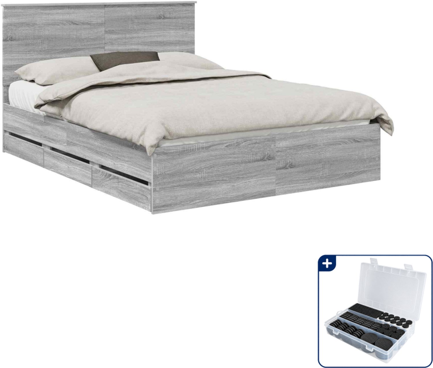 vidaXL bedframe met lade - 150 x 200 cm - bewerkt hout - grijs sonoma - Inclusief antikrasvilt 177-delig