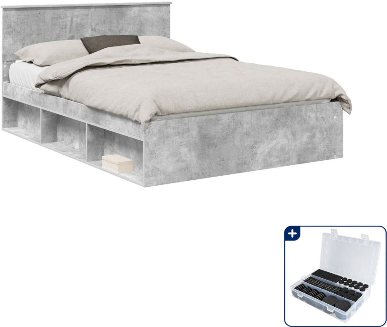 vidaXL bedframe - 140 x 190 cm - bewerkt hout en grenenhout - betongrijs - Inclusief antikrasvilt 177-delig Bruin