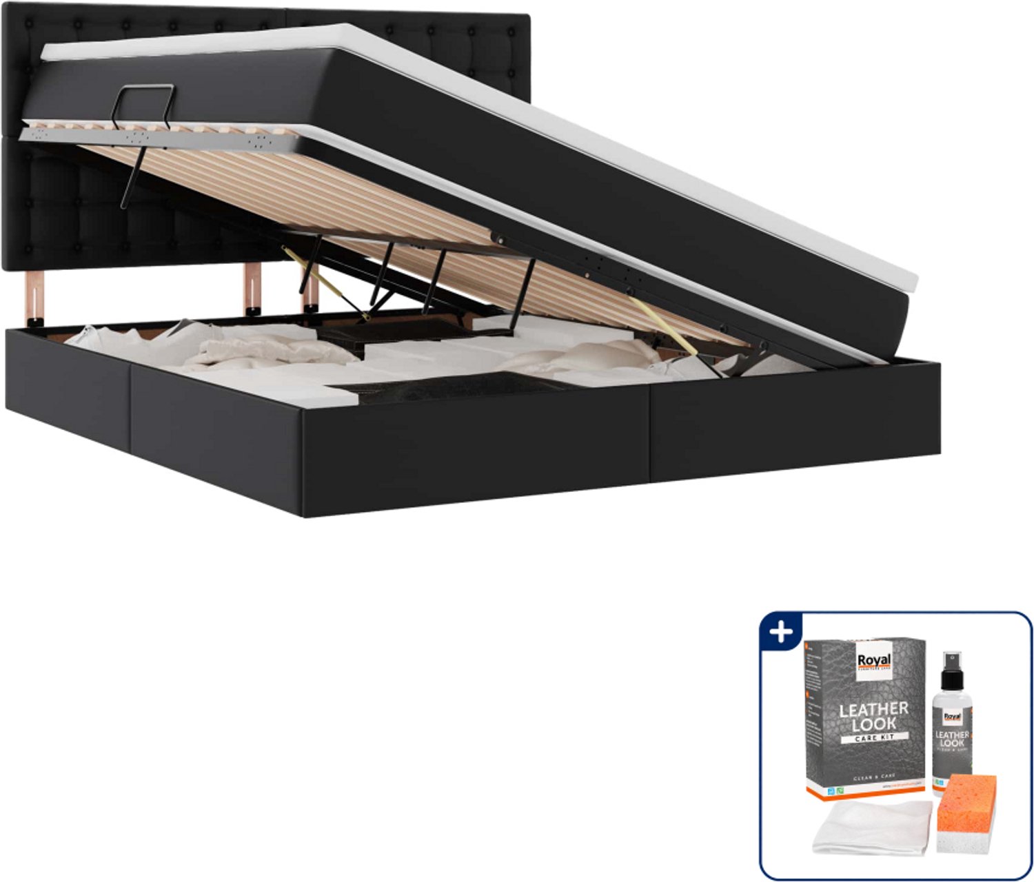 vidaXL opbergbed Queensize - 160 x 200 cm - kunstleer - zwart - Inclusief onderhoudsset voor kunstleer 150 ml Taupe