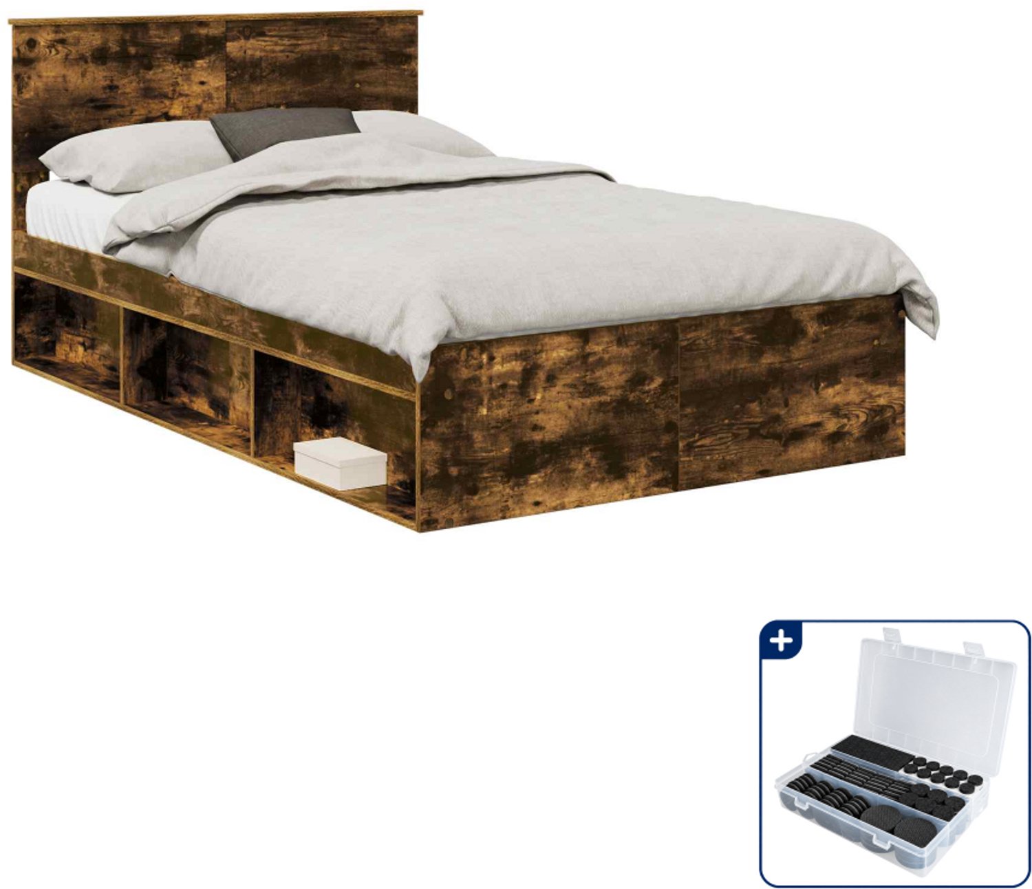 vidaXL bedframe - 120 x 200 cm - bewerkt hout - gerookt eiken - Inclusief antikrasvilt 177-delig Wit