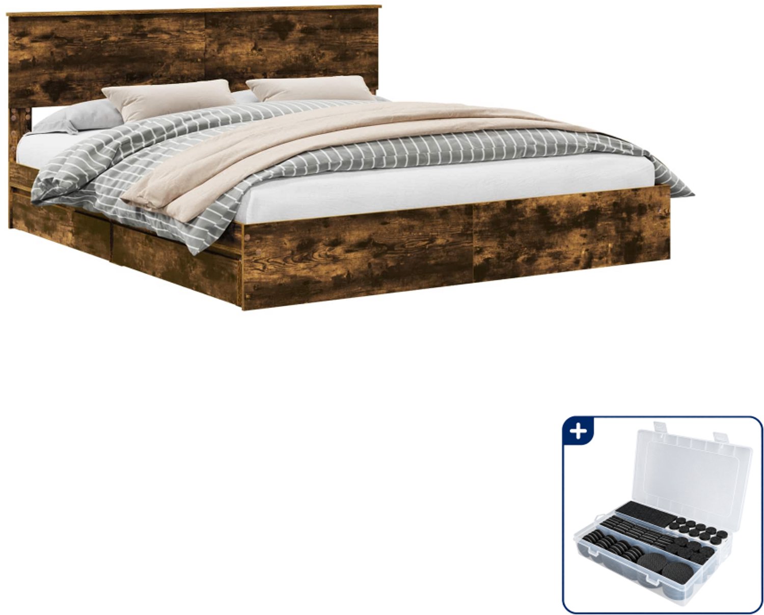 vidaXL bedframe - Kingsize - 180 x 200 cm - bewerkt hout - gerookt eiken - Inclusief antikrasvilt 177-delig Grijs