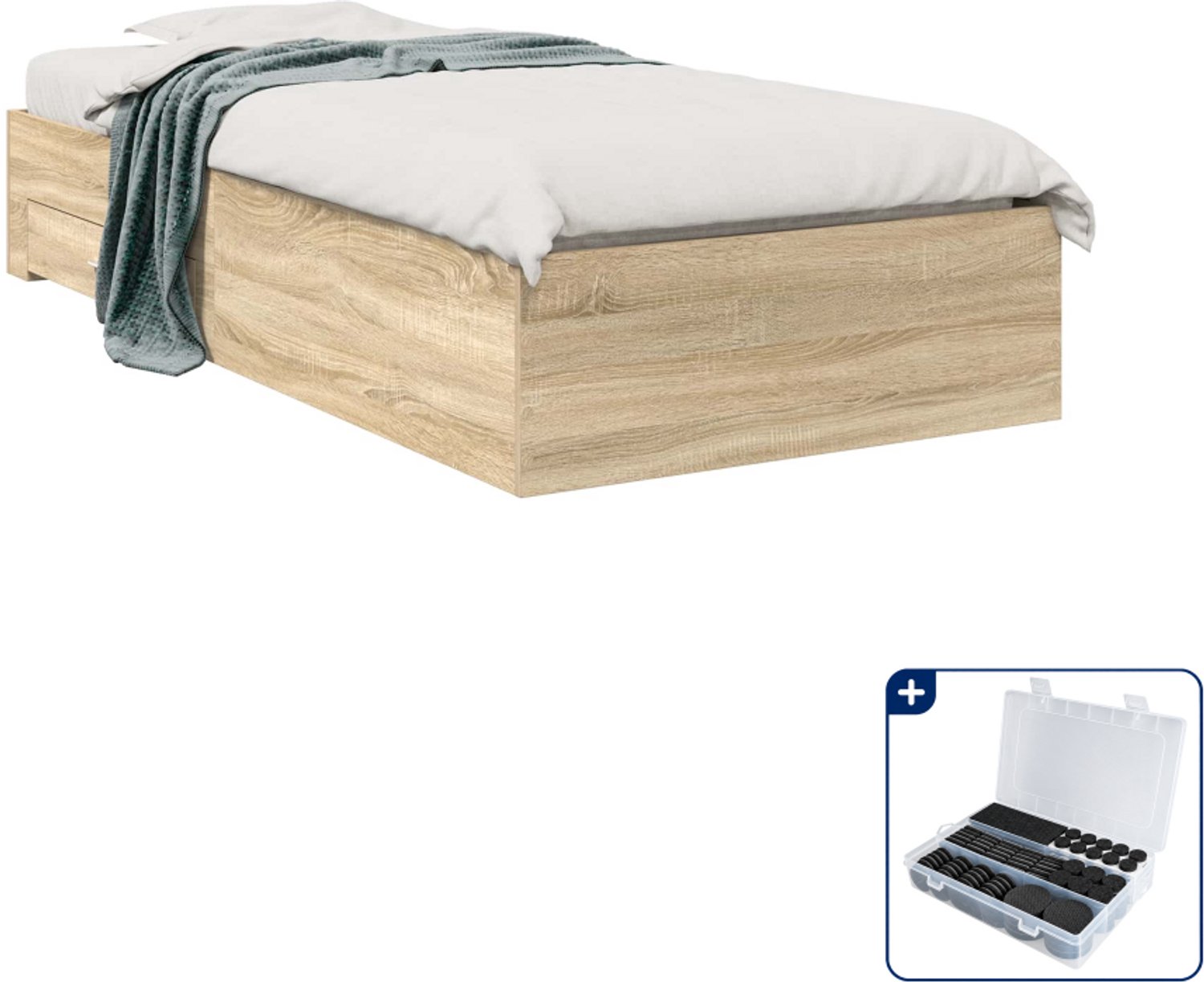 vidaXL bedframe met lades - 90 x 190 cm - bewerkt hout - bruin - Inclusief antikrasvilt 177-delig