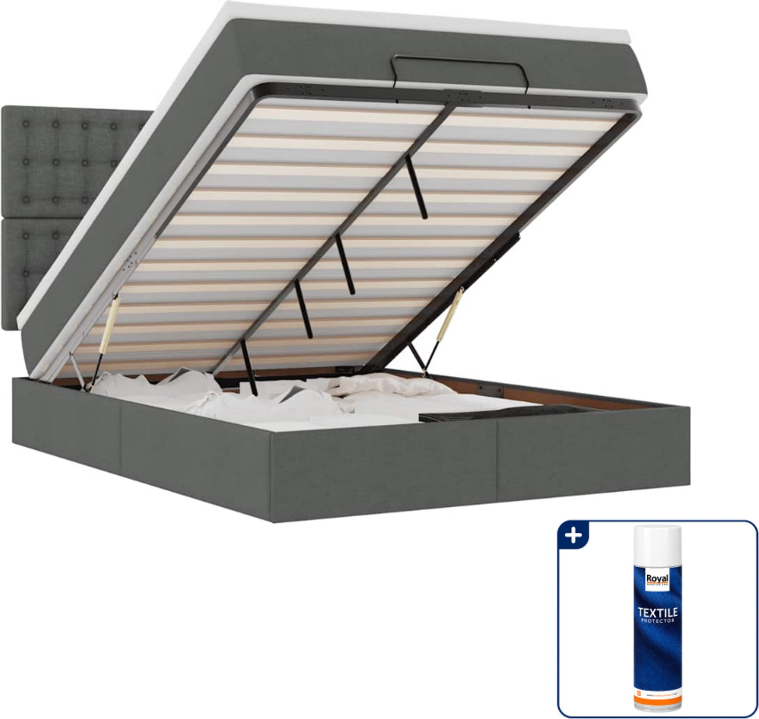 vidaXL ottoman bed met matras en led - 140 x 190 cm - donkergrijs - Inclusief textielbeschermer 500 ml Crème
