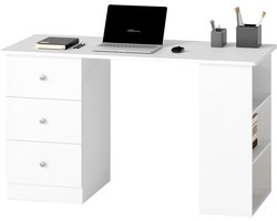 Computerbureau voor slaapkamer en kantoor met ladeblok en houten opbergplanken 120x49x72cm wit
