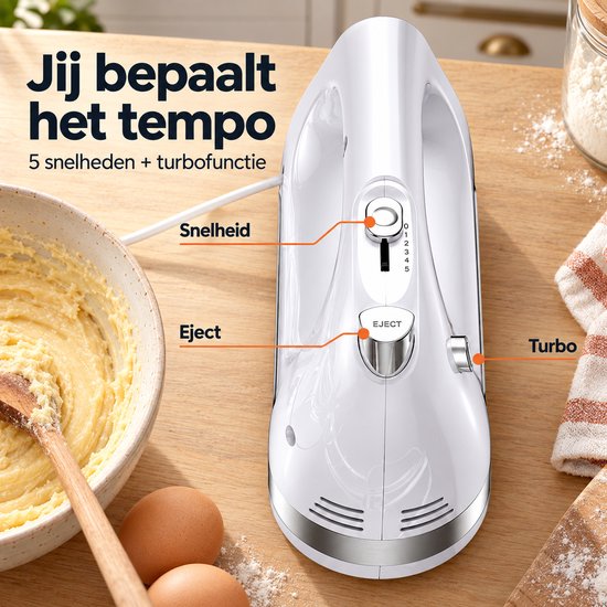 Cuisimax Krachtige Handmixer met Opbergbasis - 5 Standen + Turbo - Met Kloppers & Kneedhaken - Compacte mixer - Keukenmachine van Cuisimax — afbeelding 5