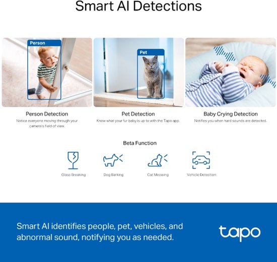 Grafische weergave van slimme AI-detectie voor personen, huisdieren, babygehuil, glasbreuk en voertuigen met de Tapo-app.